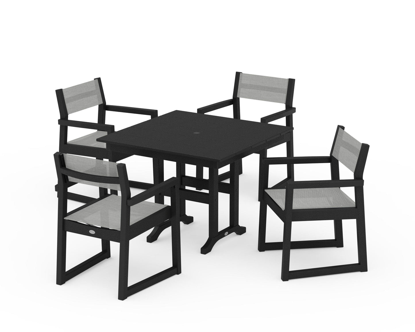 POLYWOOD EDGE Sling Arm Chair 5-Piece Farmhouse Dining Set — Black / Metallic Sling