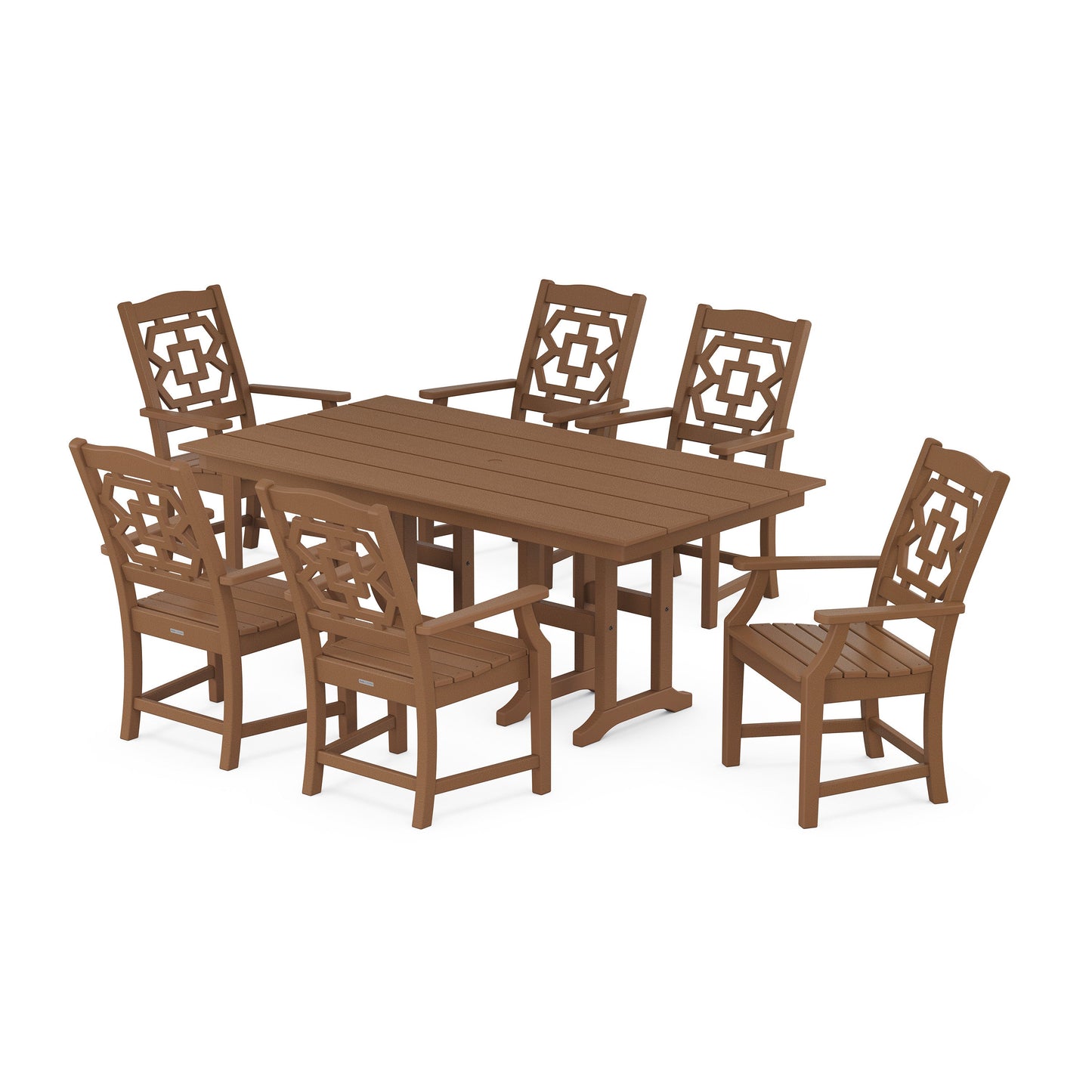 POLYWOOD Chinoiserie Arm Chair 7-Piece Farmhouse Dining Set — Teak