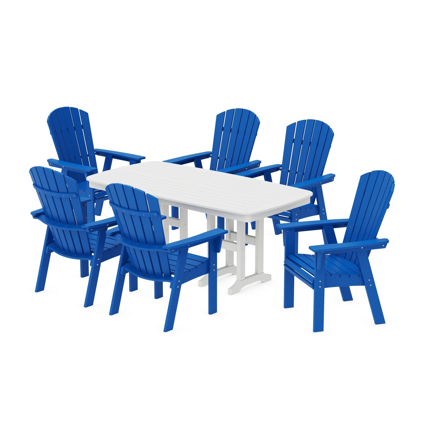 POLYWOOD Nautical Curveback Adirondack 7-Piece Dining Set — Pacific Blue / White
