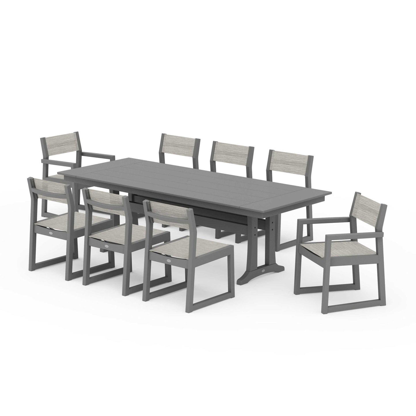 POLYWOOD EDGE Sling 9-Piece Farmhouse Trestle Dining Set — Slate Grey / Birch Sling