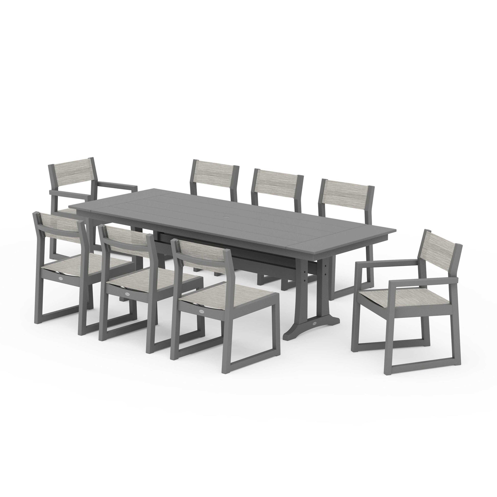 POLYWOOD EDGE Sling 9-Piece Farmhouse Trestle Dining Set — Slate Grey / Birch Sling
