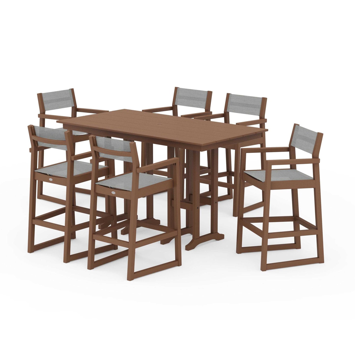 POLYWOOD EDGE Sling Arm Chair 7-Piece Farmhouse Bar Set — Teak / Metallic Sling