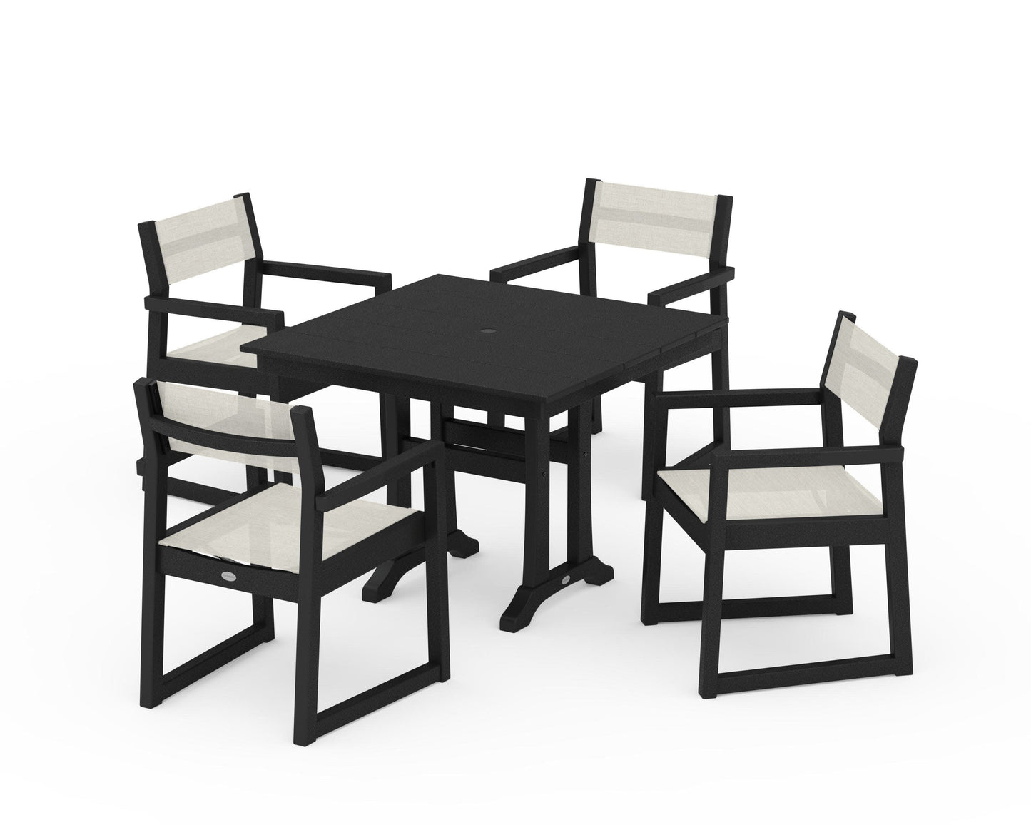 POLYWOOD EDGE Sling 5-Piece Farmhouse Dining Set with Trestle Legs — Black / Parchment Sling