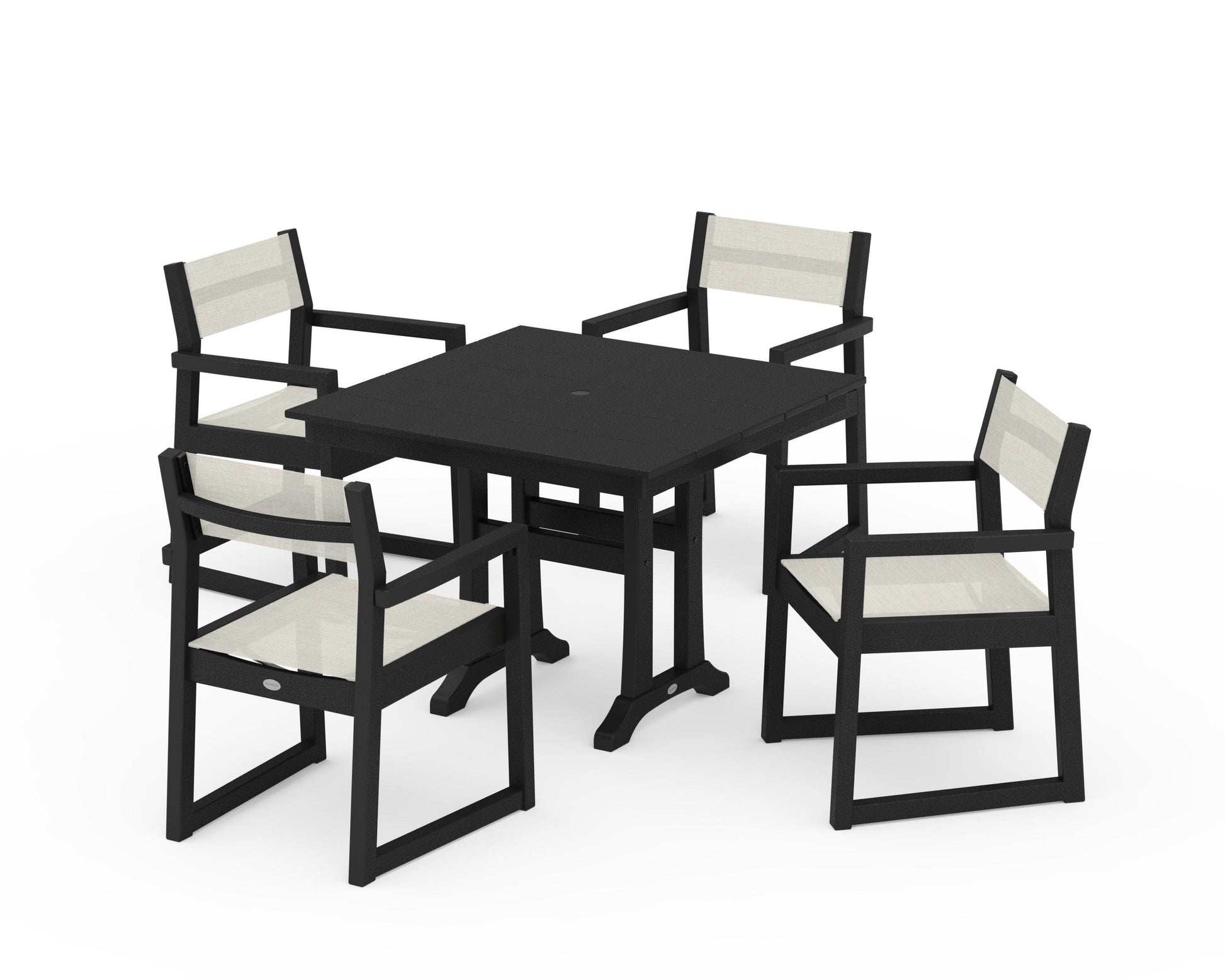 POLYWOOD EDGE Sling 5-Piece Farmhouse Dining Set with Trestle Legs — Black / Parchment Sling