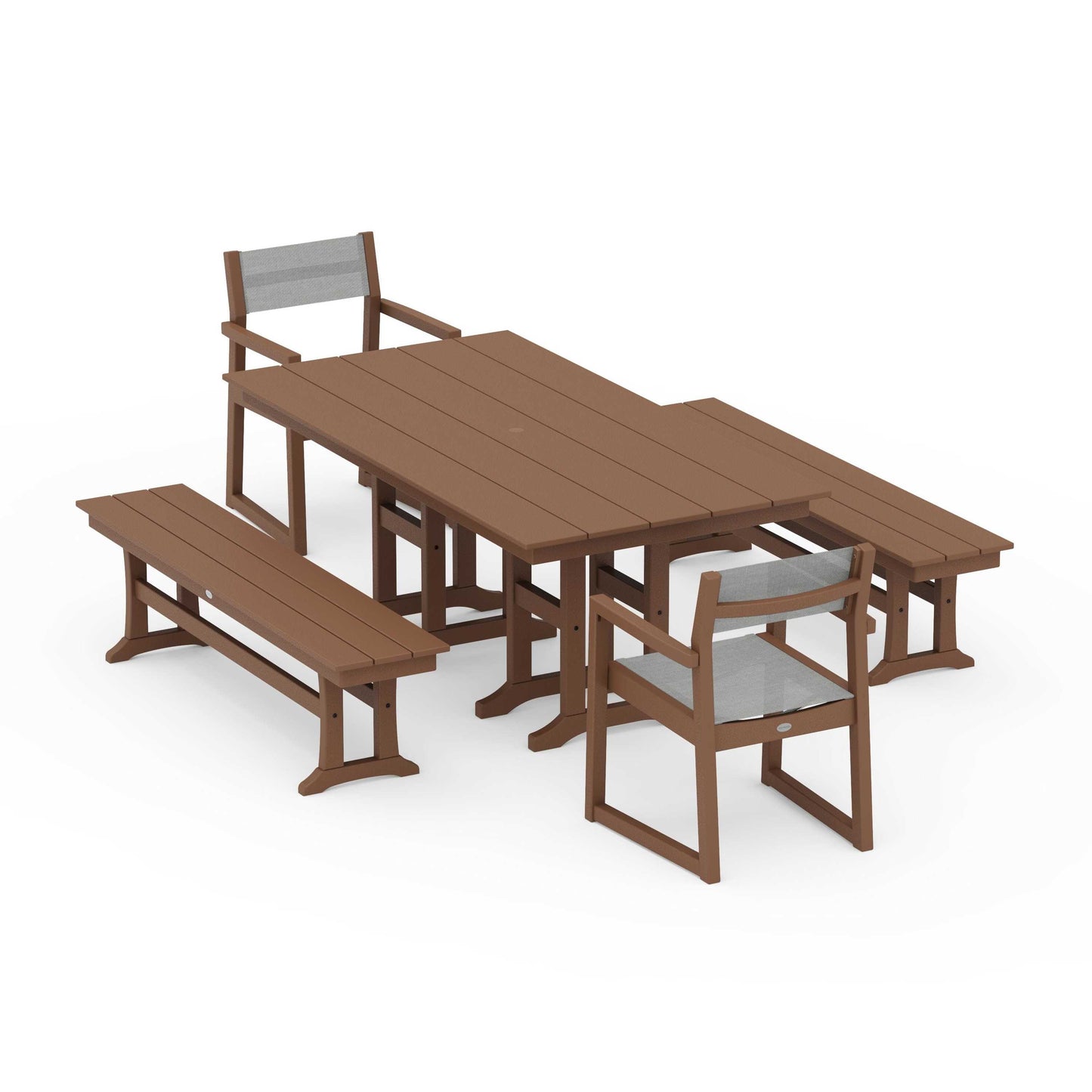 POLYWOOD EDGE Sling Arm Chair 5-Piece Farmhouse Dining Set with Benches — Teak / Metallic Sling