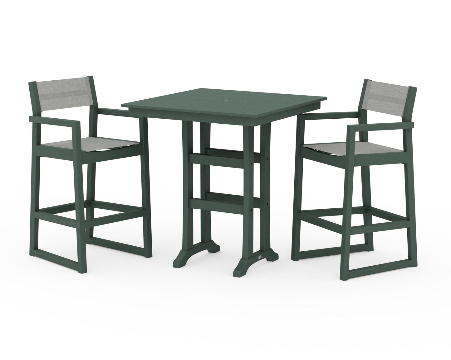 POLYWOOD EDGE Sling Arm Chair 3-Piece Farmhouse Bar Set with Trestle Legs — Green / Metallic Sling