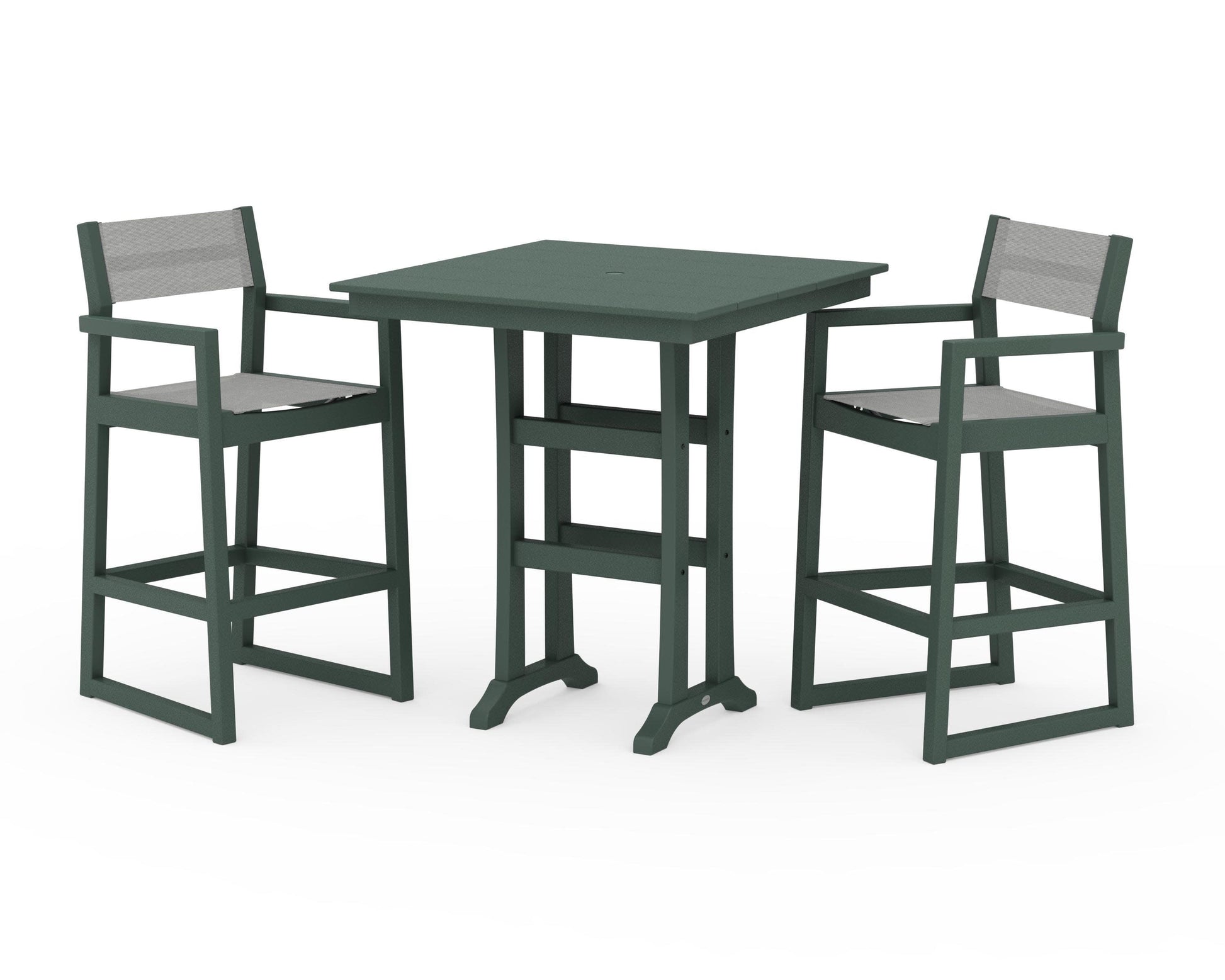 POLYWOOD EDGE Sling Arm Chair 3-Piece Farmhouse Bar Set with Trestle Legs — Green / Metallic Sling