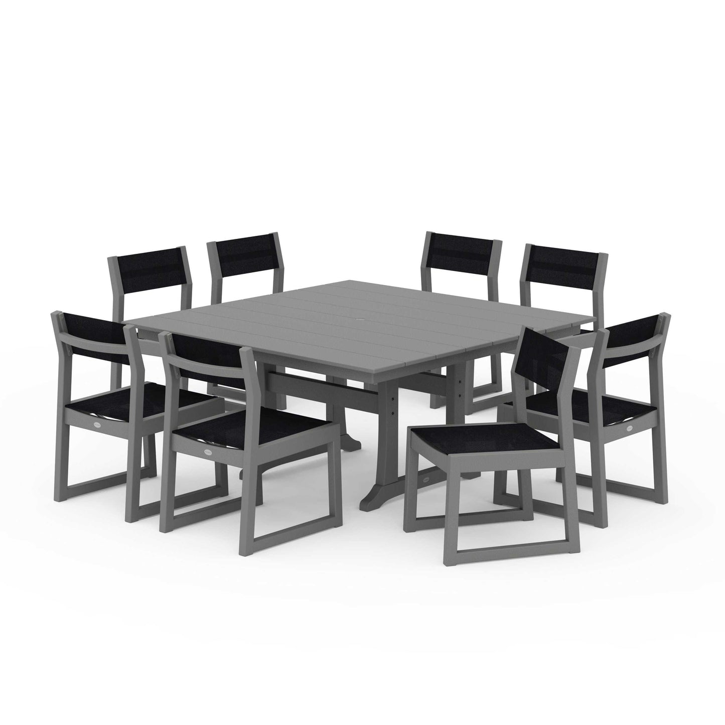 POLYWOOD EDGE Sling Side Chair 9-Piece Farmhouse Trestle Dining Set — Slate Grey / Black Sling