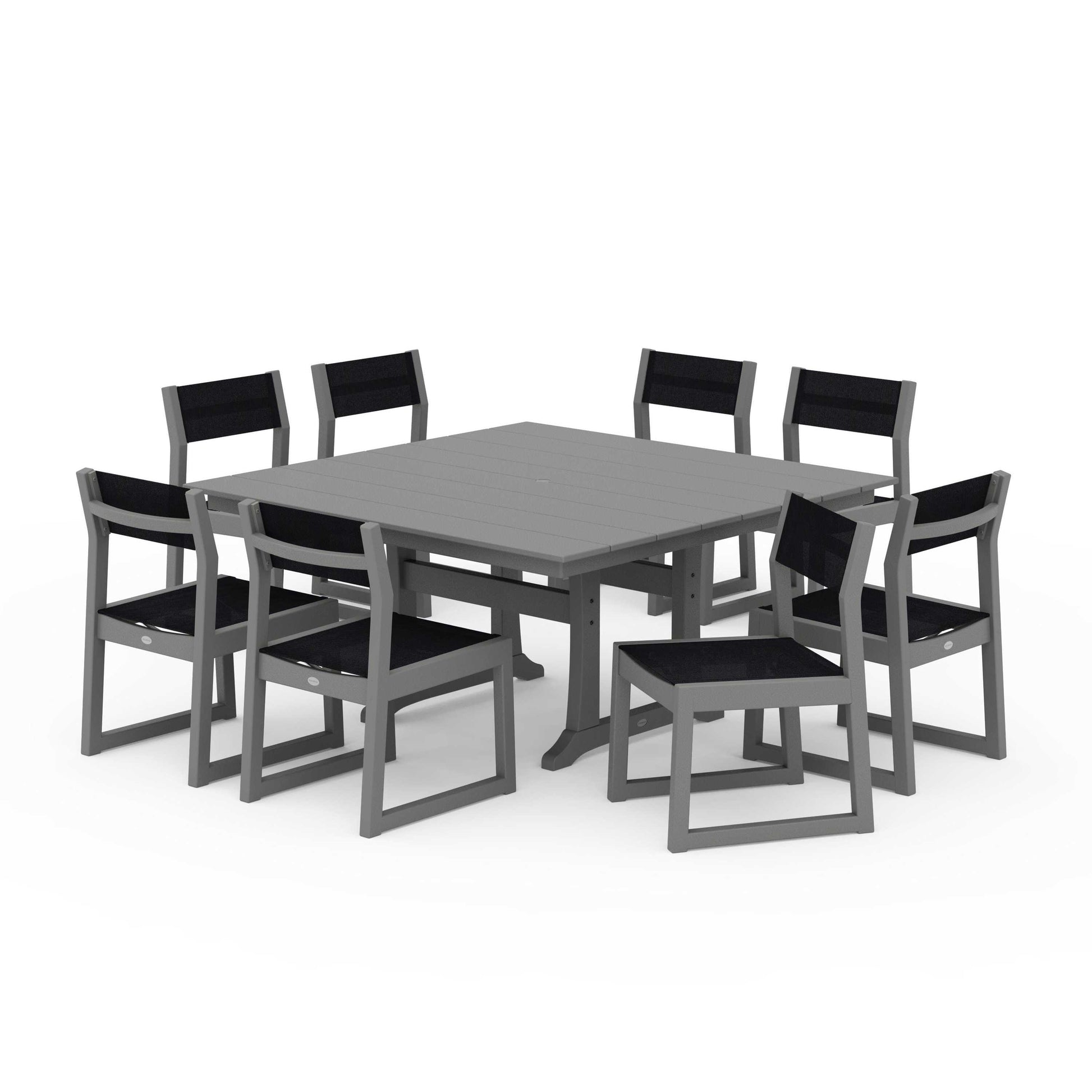 POLYWOOD EDGE Sling Side Chair 9-Piece Farmhouse Trestle Dining Set — Slate Grey / Black Sling