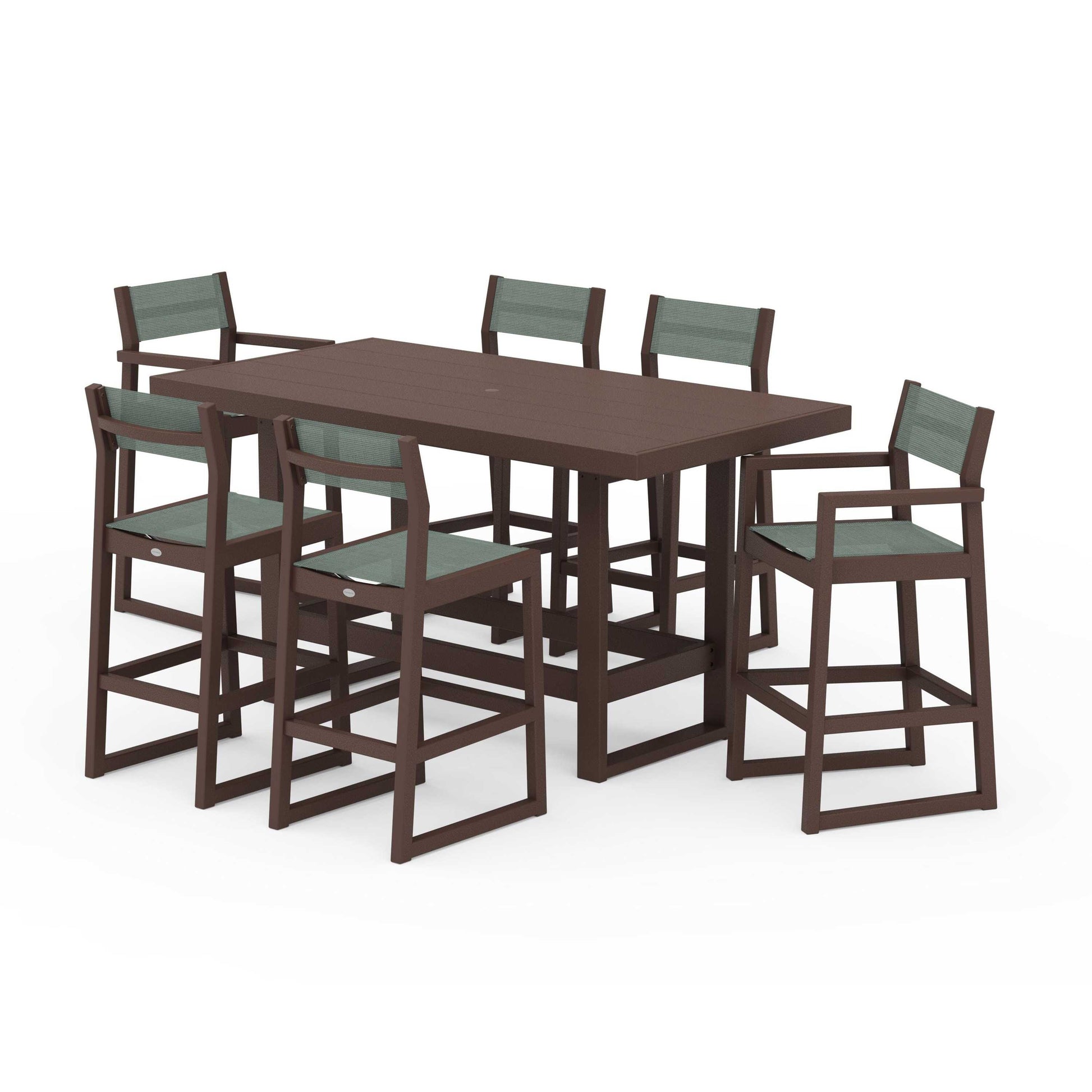 POLYWOOD EDGE Sling 7-Piece Bar Table Set — Mahogany / Dupioni Sea Mist Sling