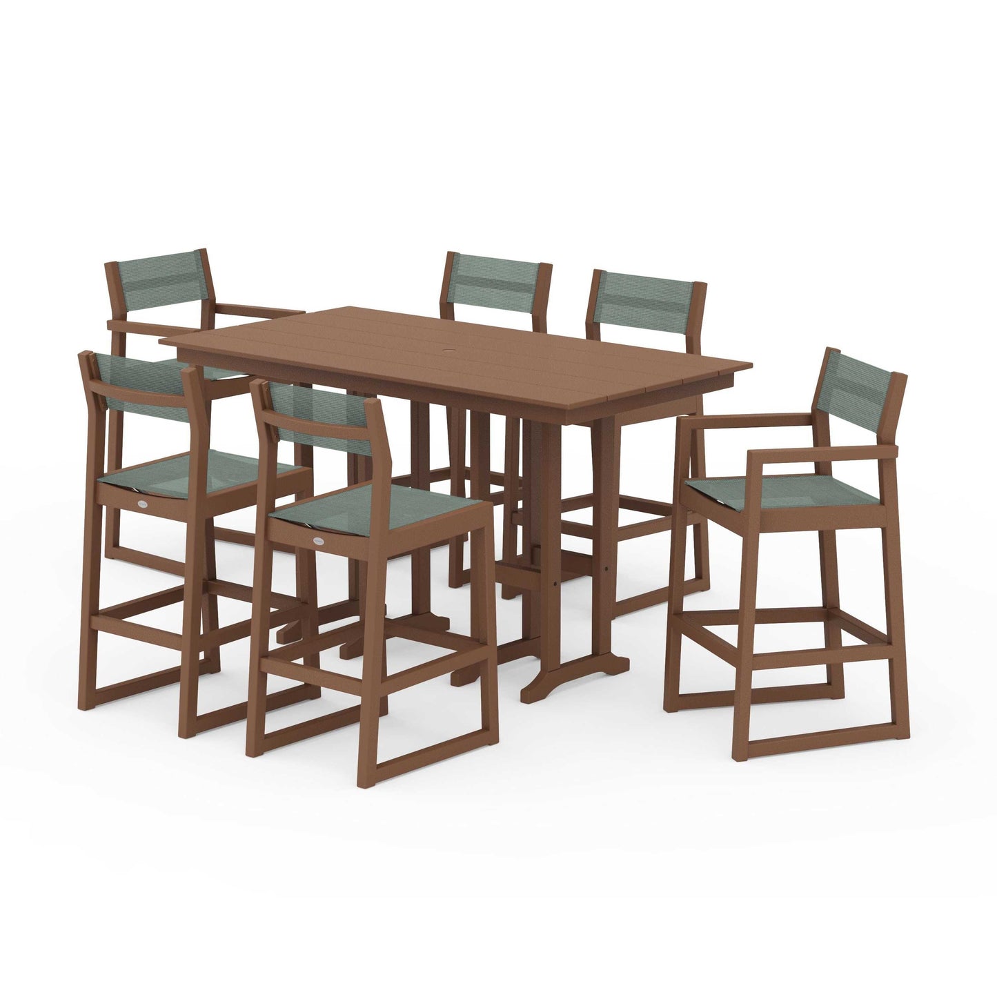 POLYWOOD EDGE Sling 7-Piece Farmhouse Bar Set — Teak / Dupioni Sea Mist Sling
