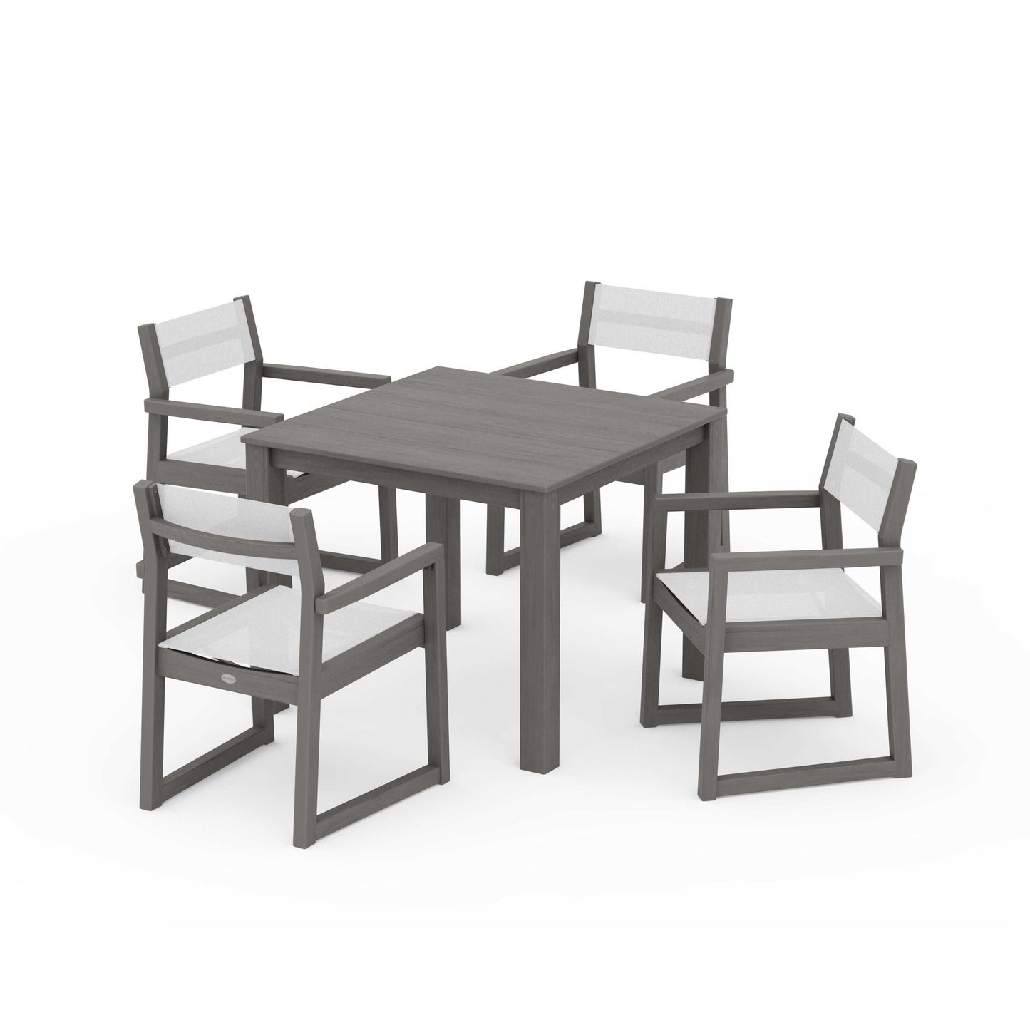 POLYWOOD EDGE Sling Arm Chair 5-Piece Parsons Dining Set — Driftwood / White Sling