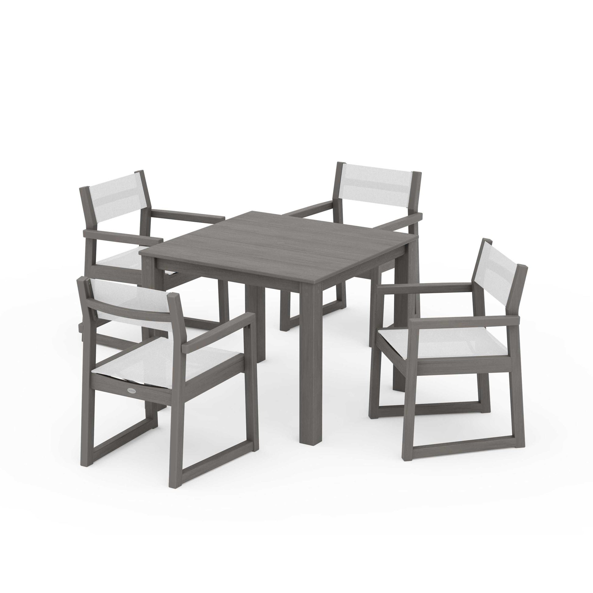 POLYWOOD EDGE Sling Arm Chair 5-Piece Parsons Dining Set — Driftwood / White Sling