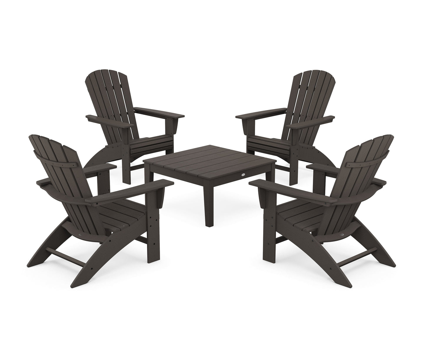 POLYWOOD 5-Piece Nautical Curveback Adirondack Chair Conversation Set with 36" Conversation Table — Vintage Coffee