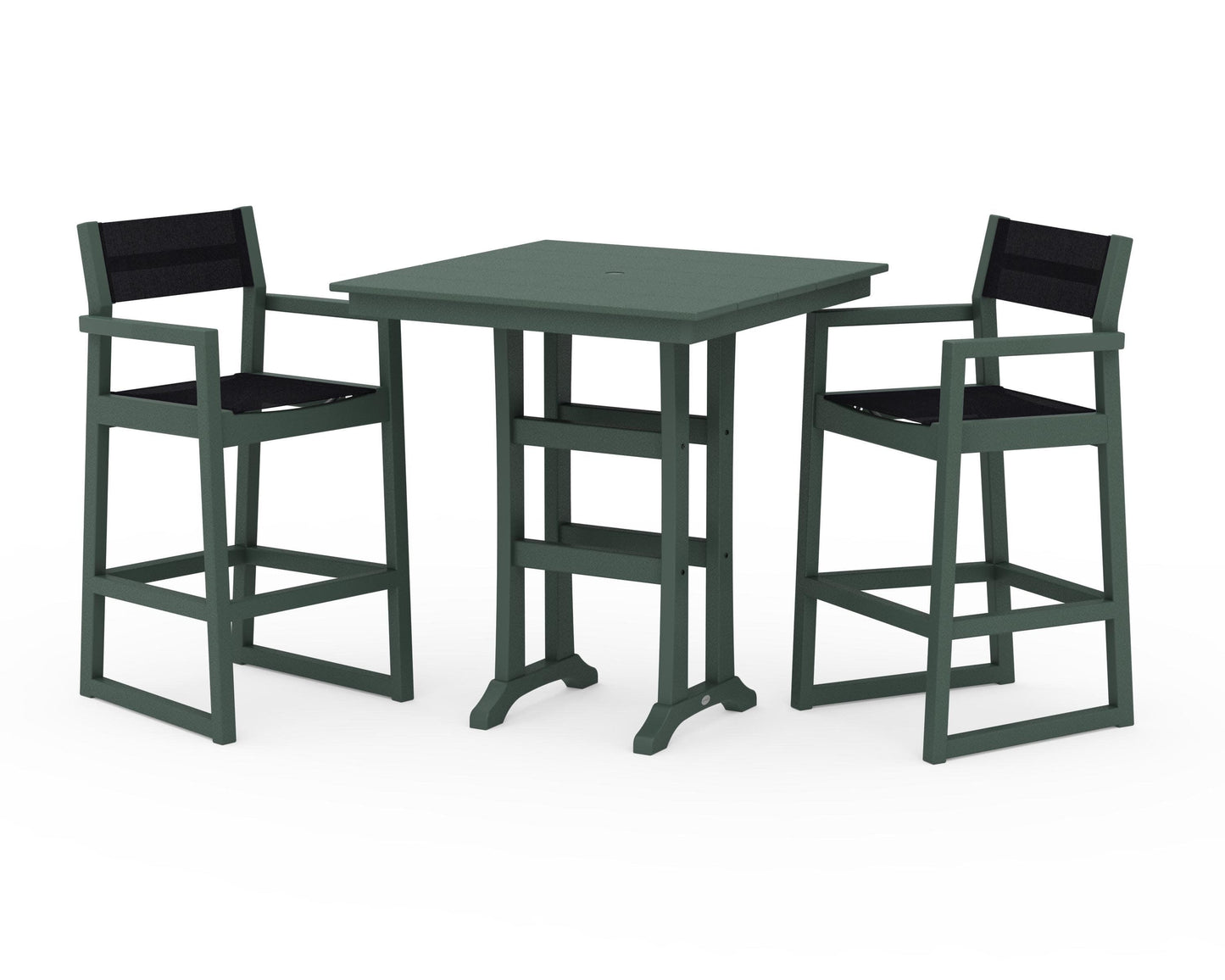 POLYWOOD EDGE Sling Arm Chair 3-Piece Farmhouse Bar Set with Trestle Legs — Green / Black Sling