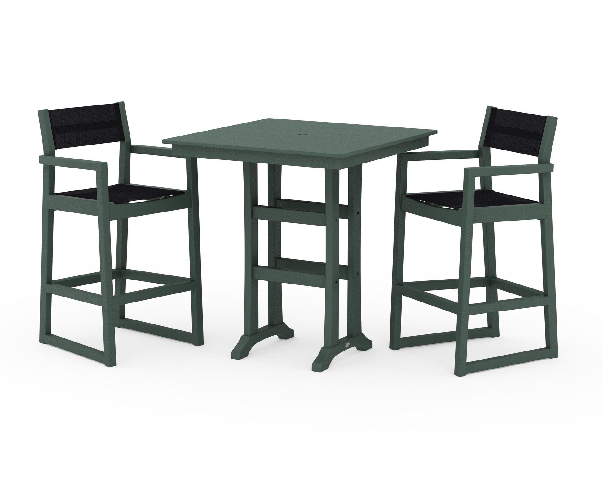 POLYWOOD EDGE Sling Arm Chair 3-Piece Farmhouse Bar Set with Trestle Legs — Green / Black Sling