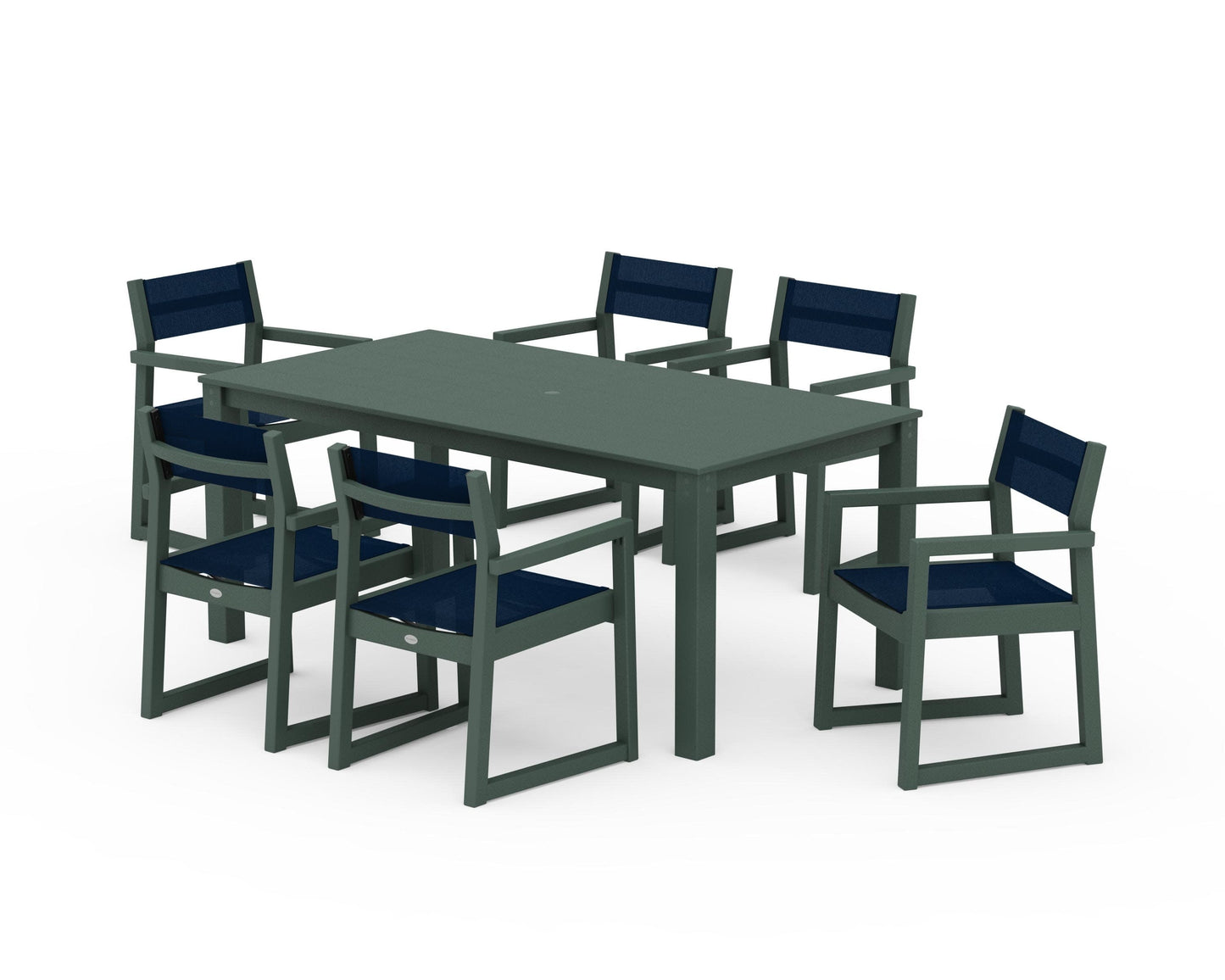 POLYWOOD EDGE Sling Arm Chair 7-Piece Parsons Dining Set — Green / Navy Blue Sling