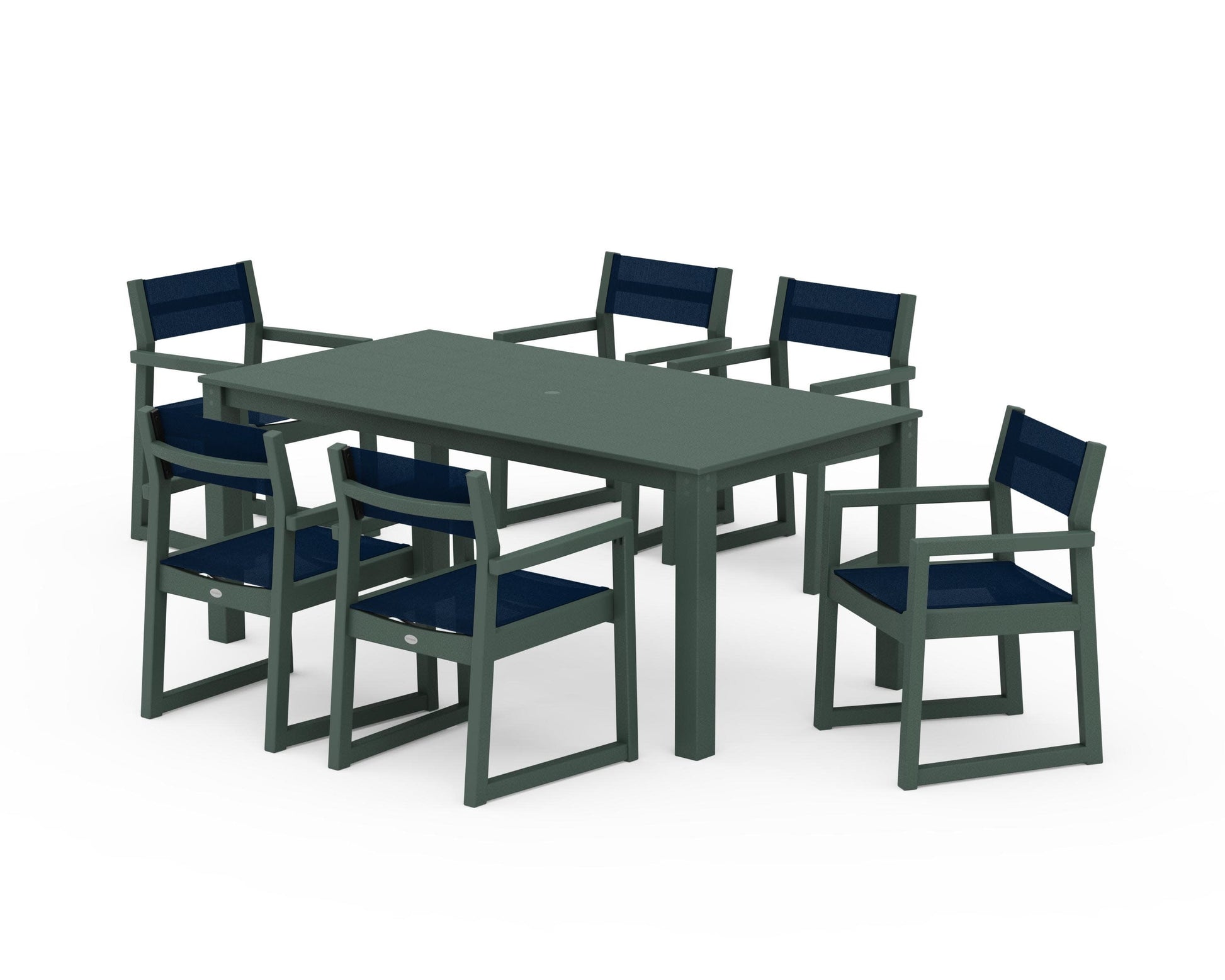 POLYWOOD EDGE Sling Arm Chair 7-Piece Parsons Dining Set — Green / Navy Blue Sling