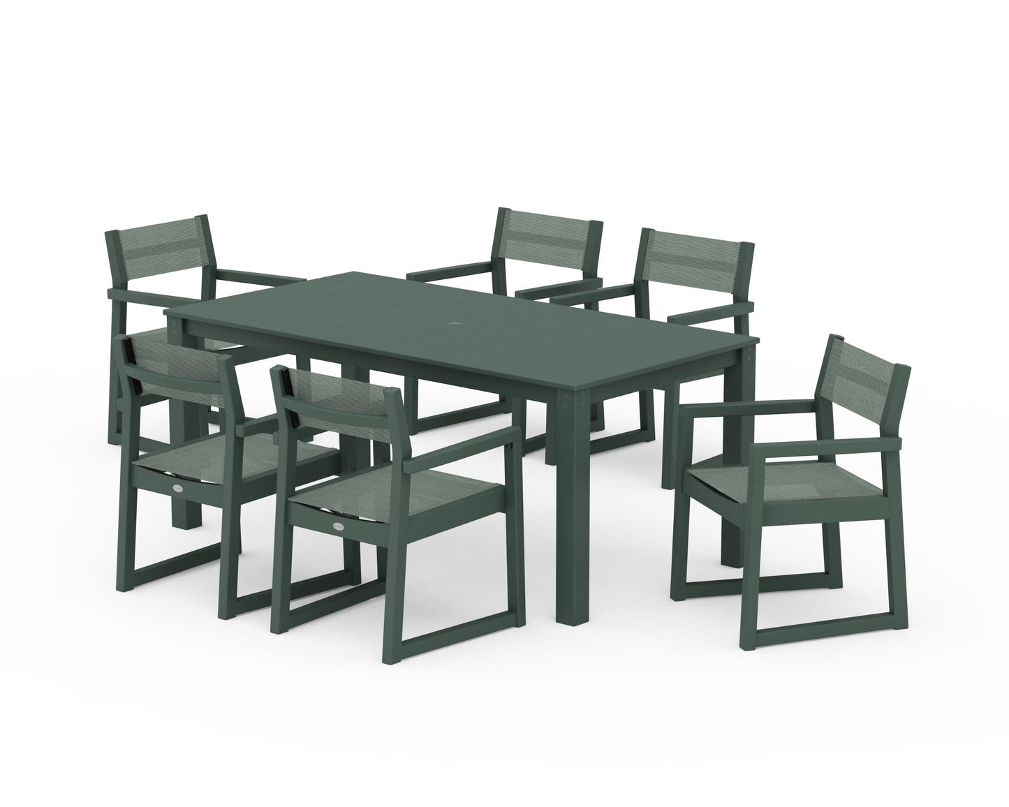 POLYWOOD EDGE Sling Arm Chair 7-Piece Parsons Dining Set — Green / Dupioni Sea Mist Sling