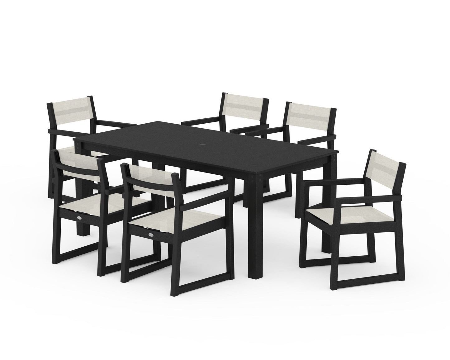 POLYWOOD EDGE Sling Arm Chair 7-Piece Parsons Dining Set — Black / Parchment Sling