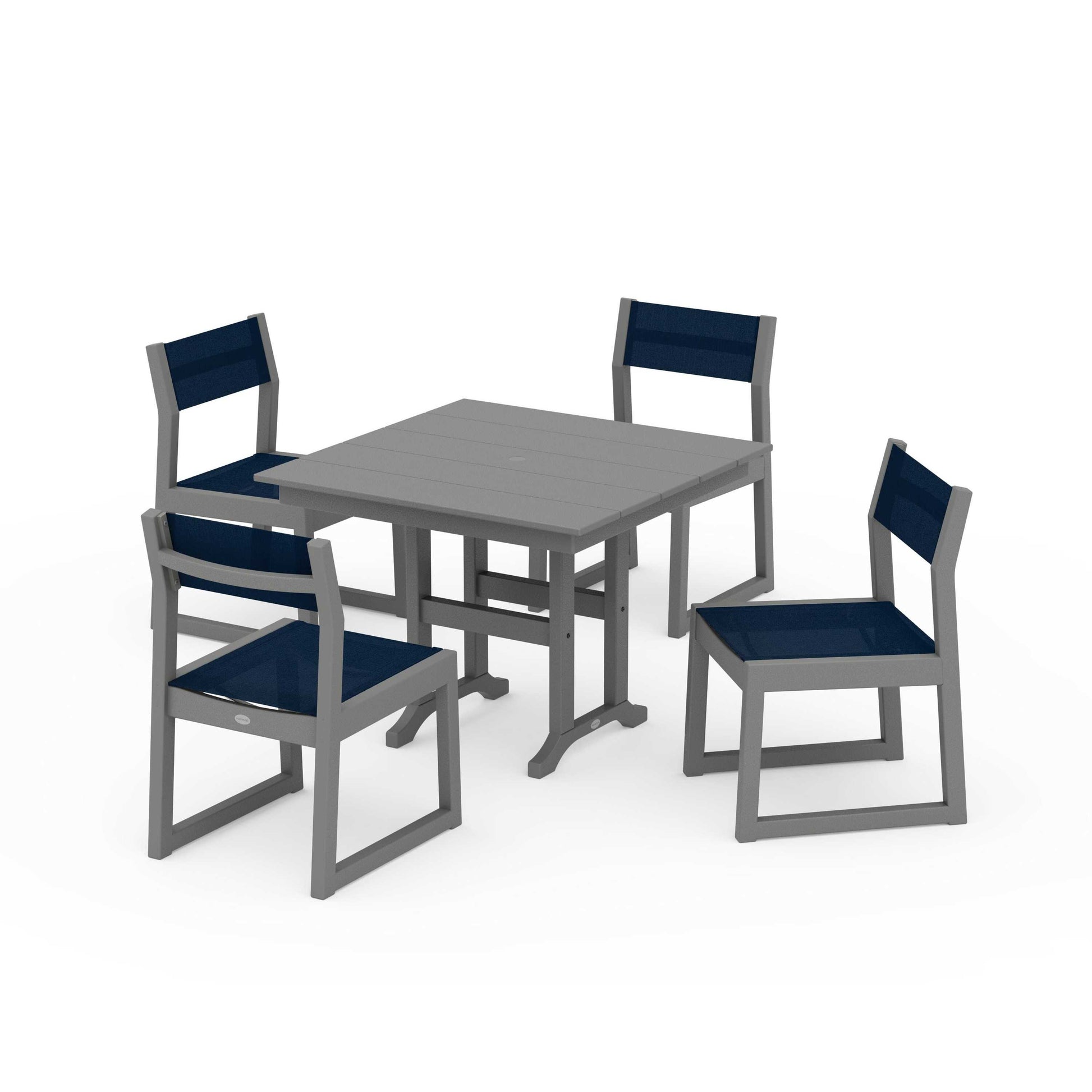 POLYWOOD EDGE Sling Side Chair 5-Piece Farmhouse Dining Set — Slate Grey / Navy Blue Sling