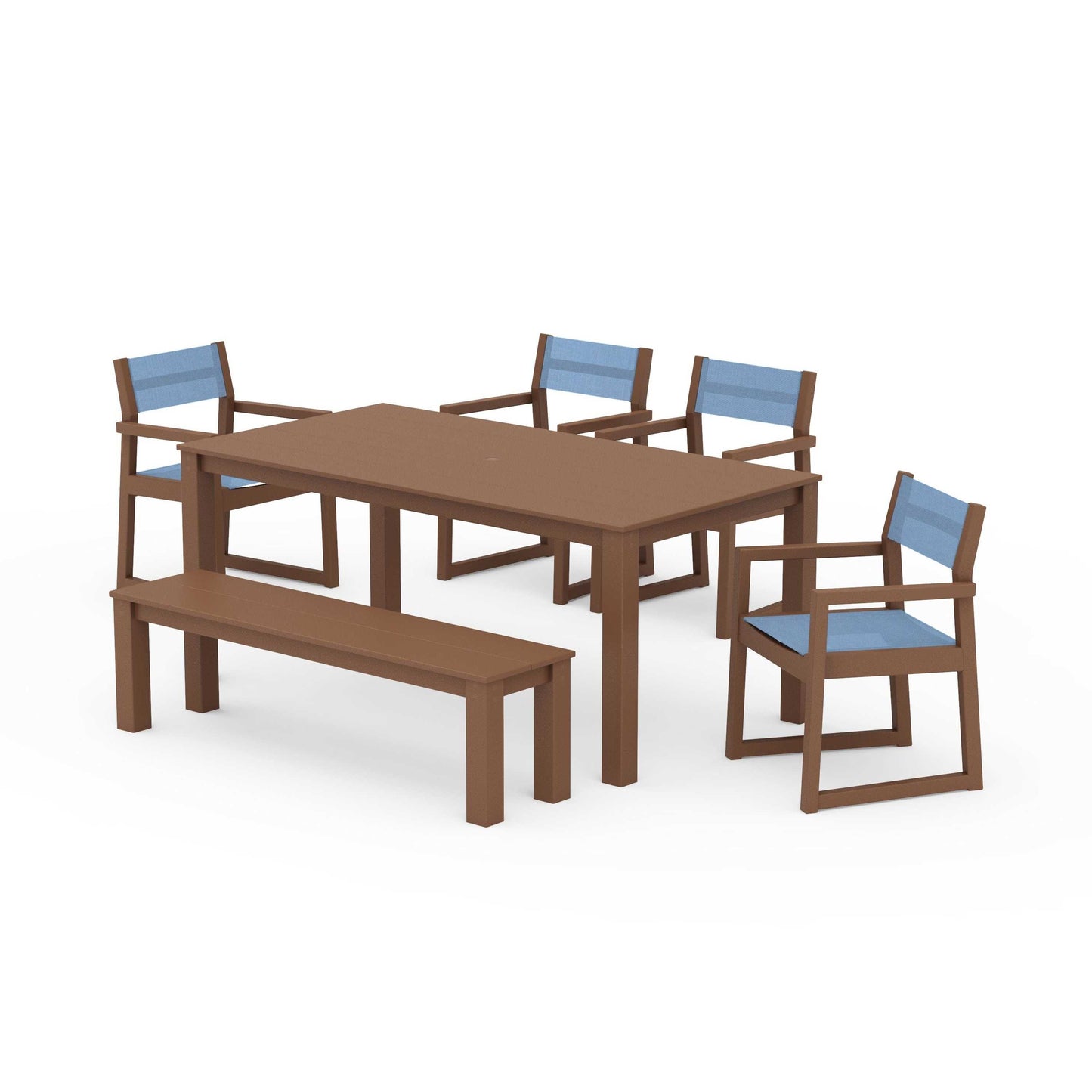 POLYWOOD EDGE Sling Arm Chair 6-Piece Parsons Dining Set with Bench — Teak / Poolside Sling