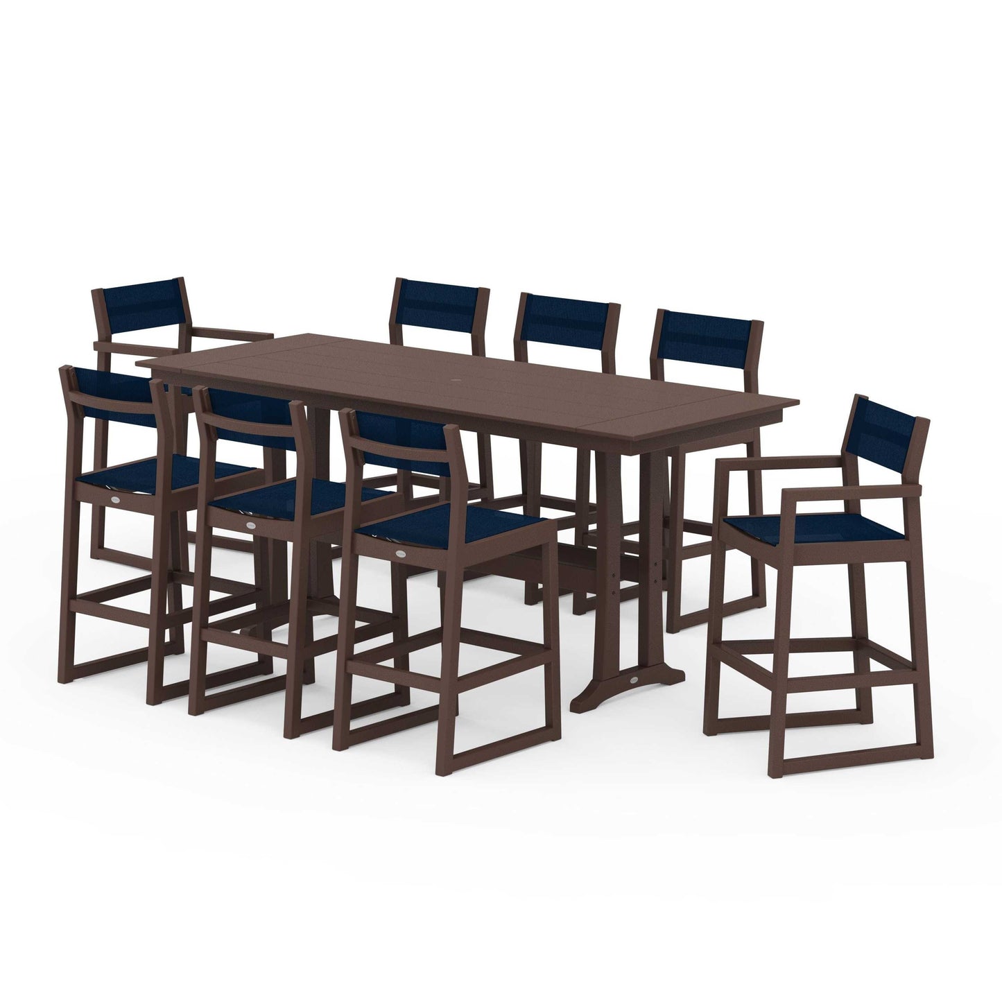 POLYWOOD EDGE Sling 9-Piece Farmhouse Bar Set with Trestle Legs — Mahogany / Navy Blue Sling