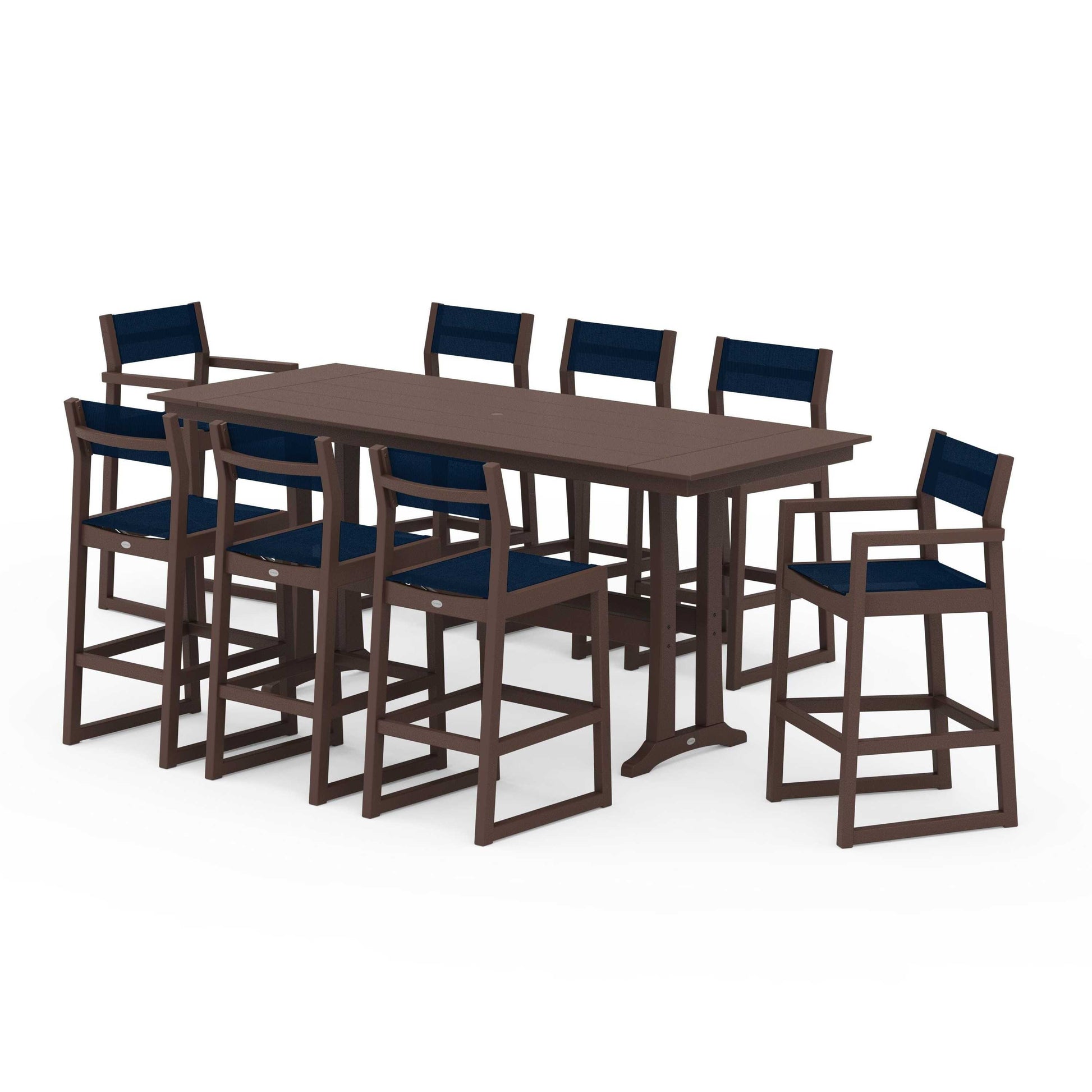 POLYWOOD EDGE Sling 9-Piece Farmhouse Bar Set with Trestle Legs — Mahogany / Navy Blue Sling