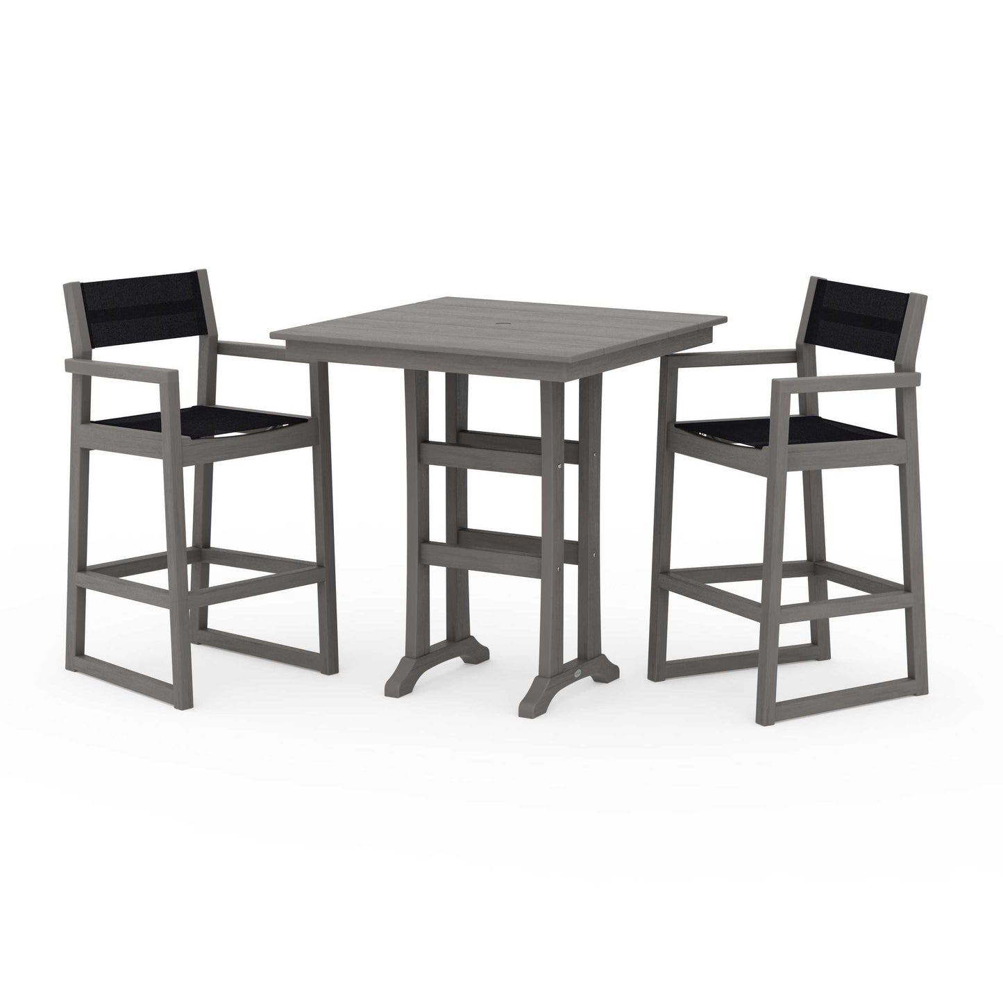 POLYWOOD EDGE Sling Arm Chair 3-Piece Farmhouse Bar Set with Trestle Legs — Driftwood / Black Sling