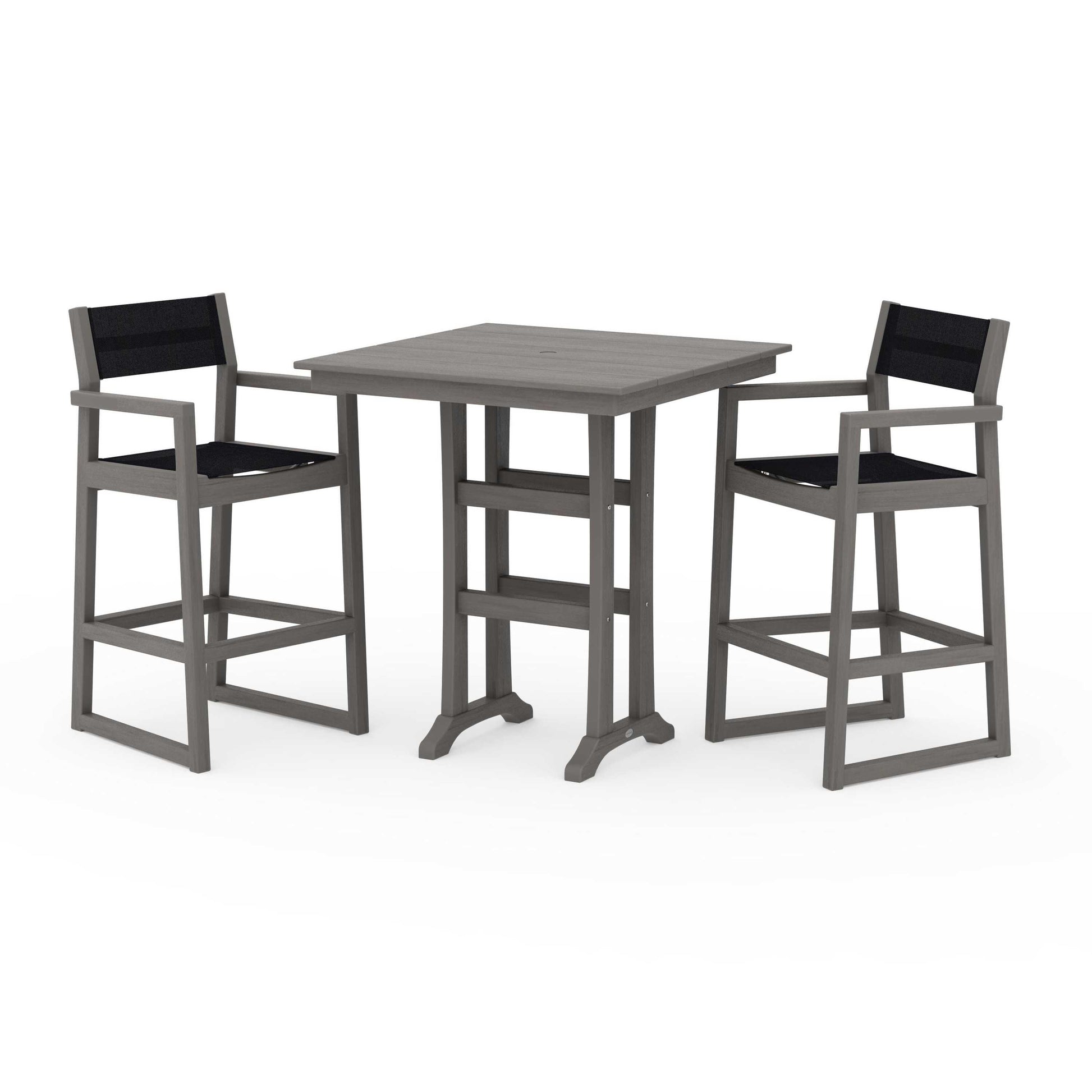 POLYWOOD EDGE Sling Arm Chair 3-Piece Farmhouse Bar Set with Trestle Legs — Driftwood / Black Sling