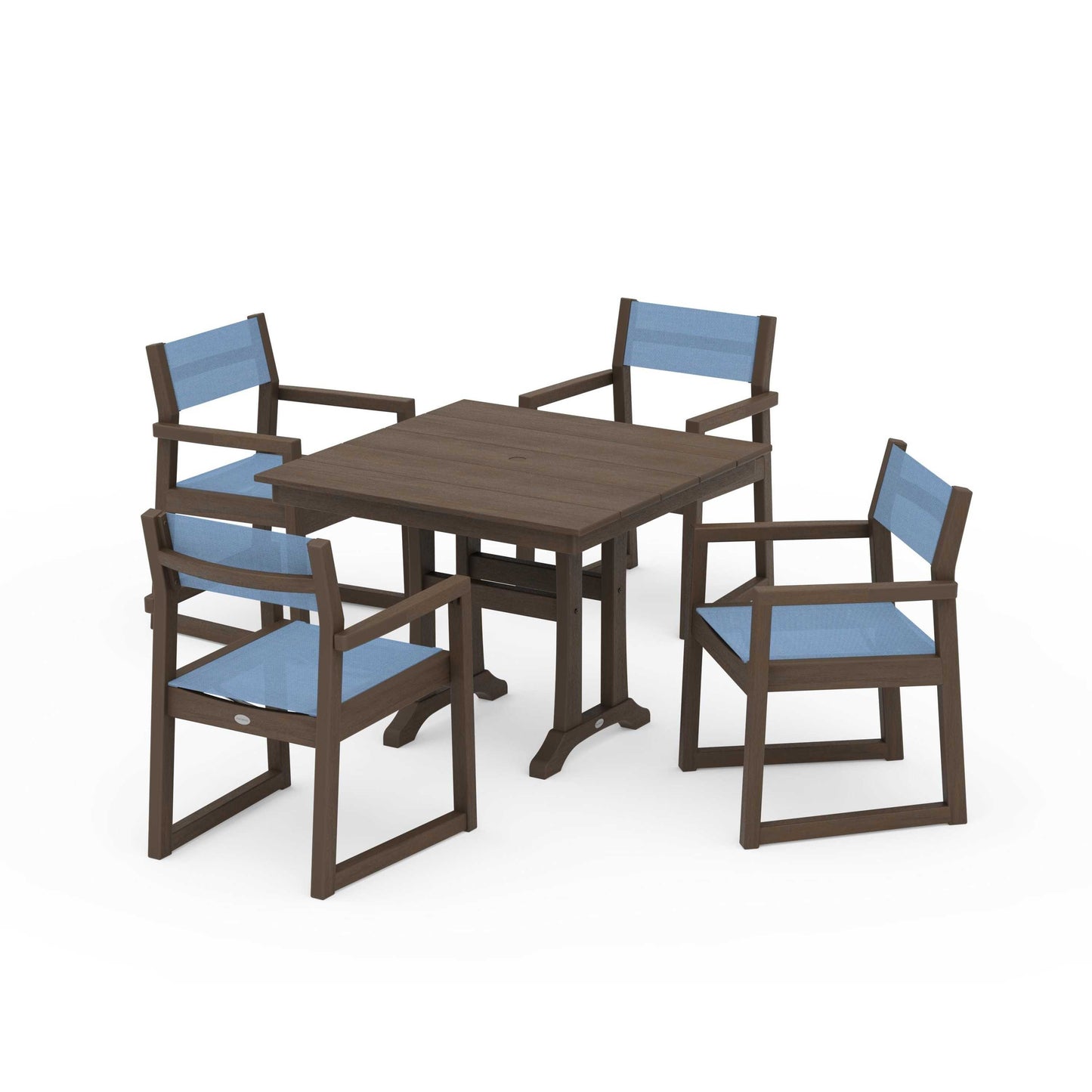 POLYWOOD EDGE Sling 5-Piece Farmhouse Dining Set with Trestle Legs — Kona / Poolside Sling