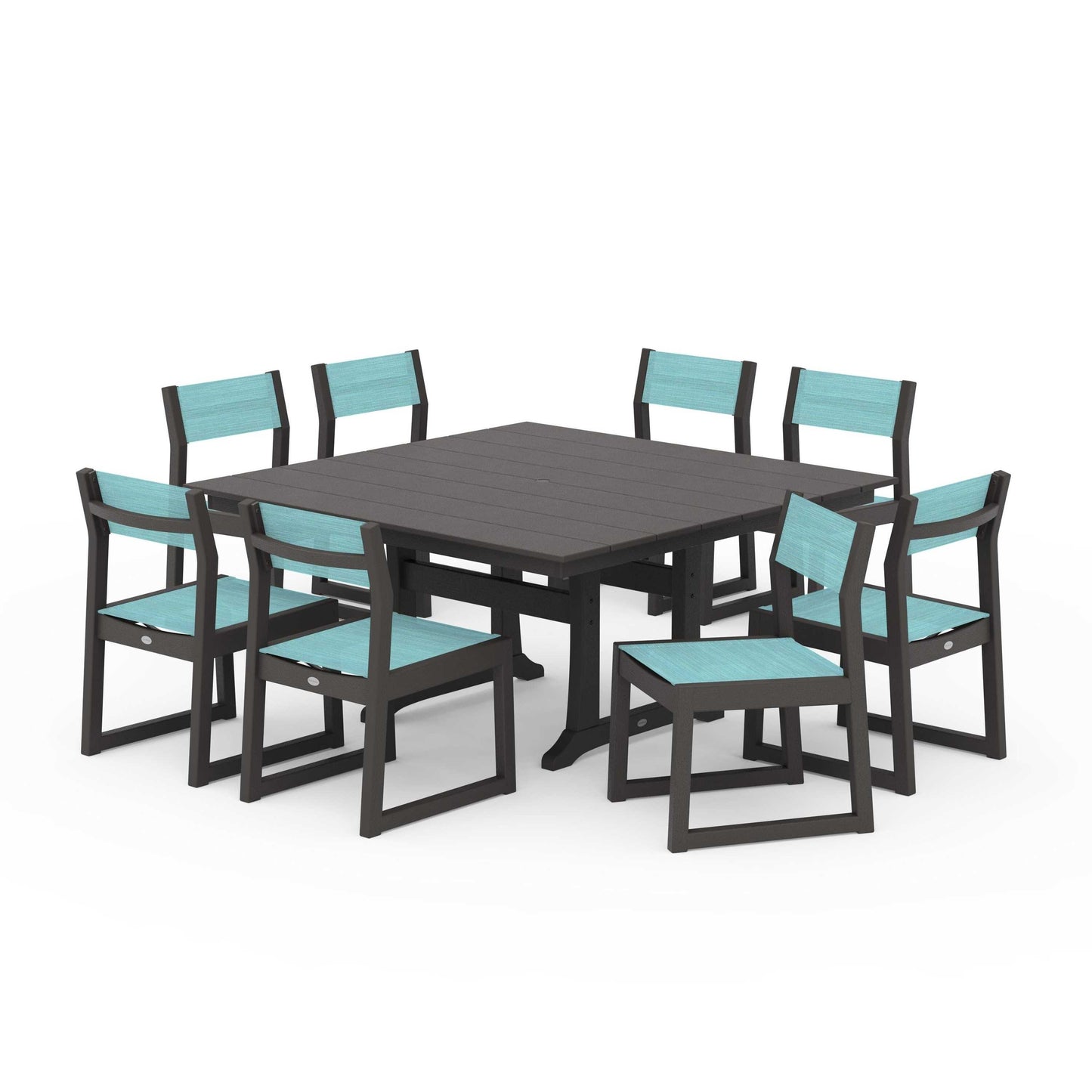 POLYWOOD EDGE Sling Side Chair 9-Piece Farmhouse Trestle Dining Set — Vintage Coffee / Dupioni Aquamarine Sling
