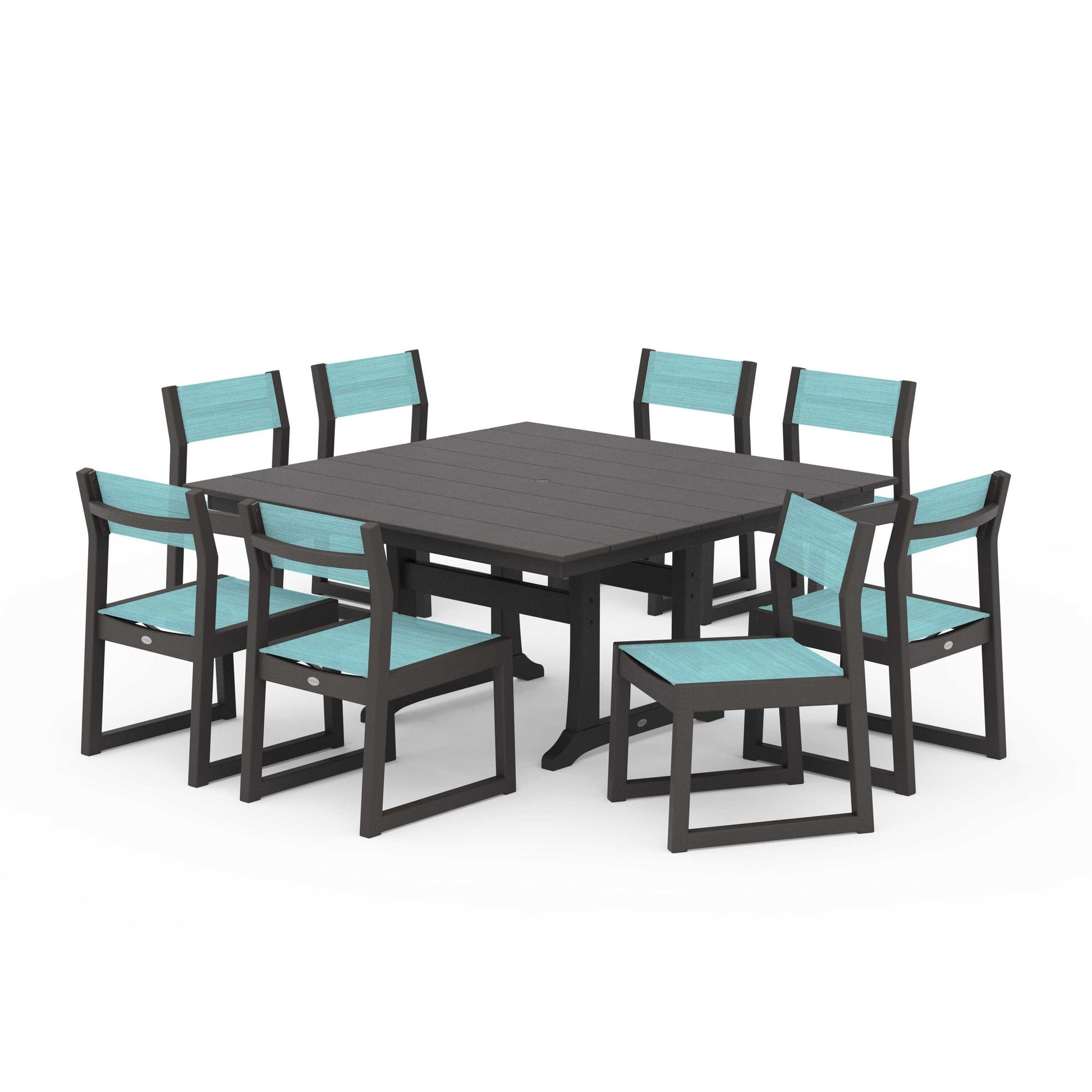 POLYWOOD EDGE Sling Side Chair 9-Piece Farmhouse Trestle Dining Set — Vintage Coffee / Dupioni Aquamarine Sling