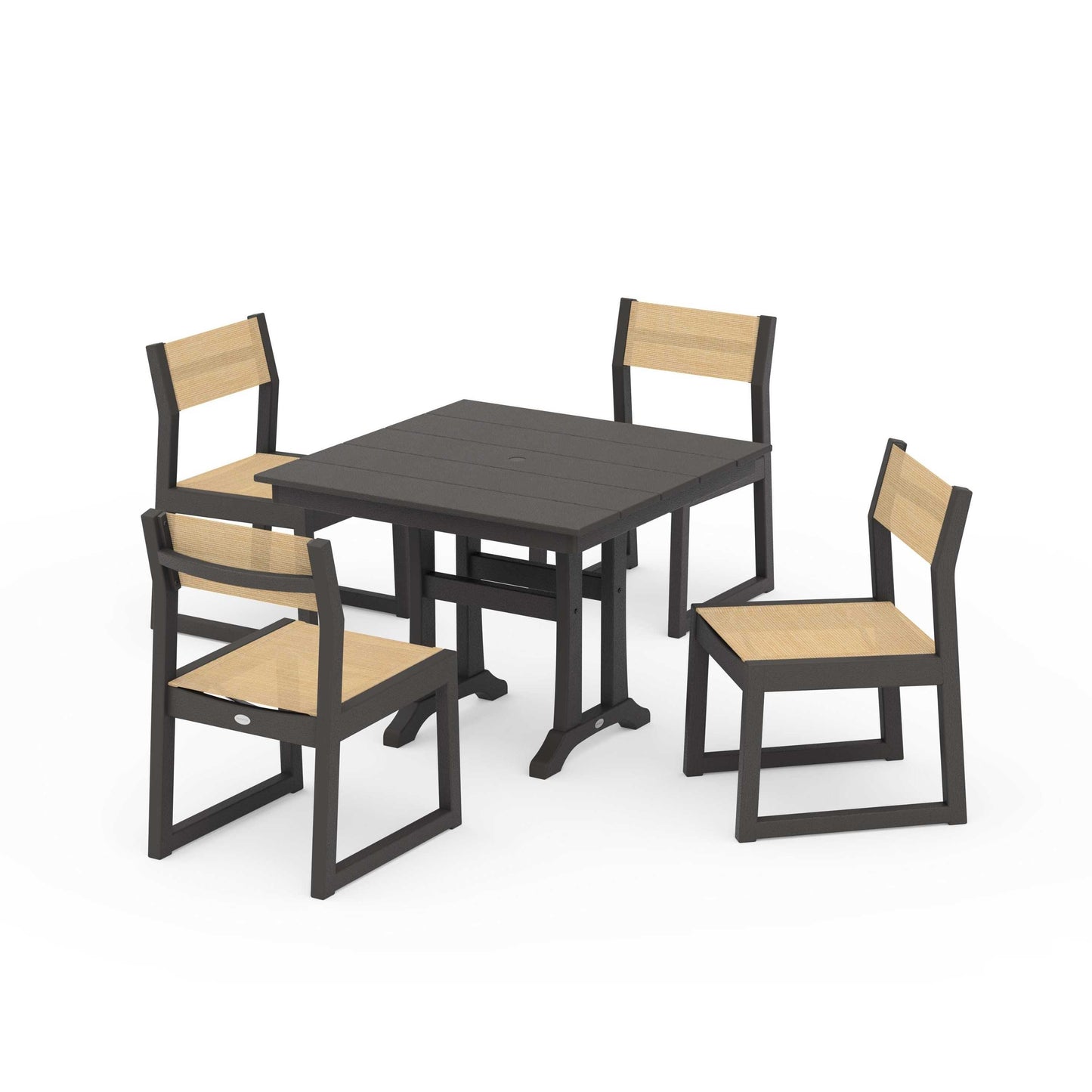 POLYWOOD EDGE Sling 5-Piece Farmhouse Trestle Side Chair Dining Set — Vintage Coffee / Dupioni Apricot Sling