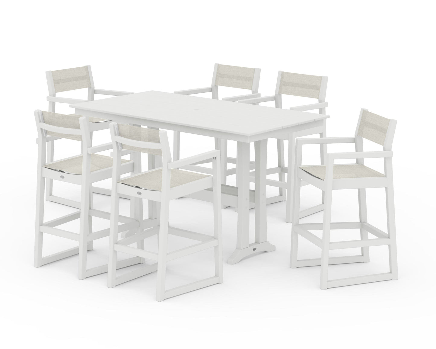 POLYWOOD EDGE Sling Arm Chair 7-Piece Farmhouse Bar Set with Trestle Legs — Vintage White / Parchment Sling
