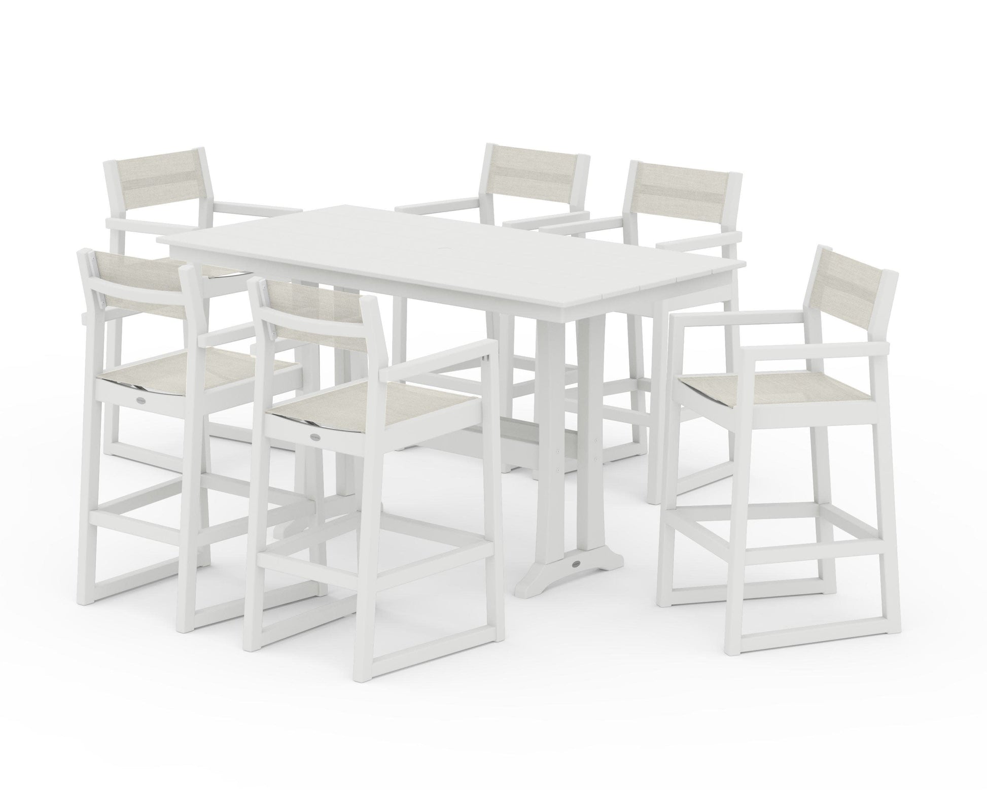 POLYWOOD EDGE Sling Arm Chair 7-Piece Farmhouse Bar Set with Trestle Legs — Vintage White / Parchment Sling