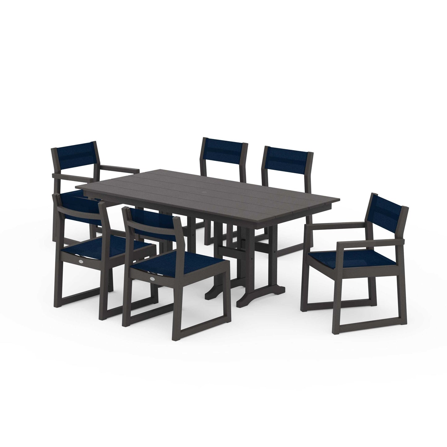POLYWOOD EDGE Sling 7-Piece Farmhouse Dining Set — Vintage Coffee / Navy Blue Sling