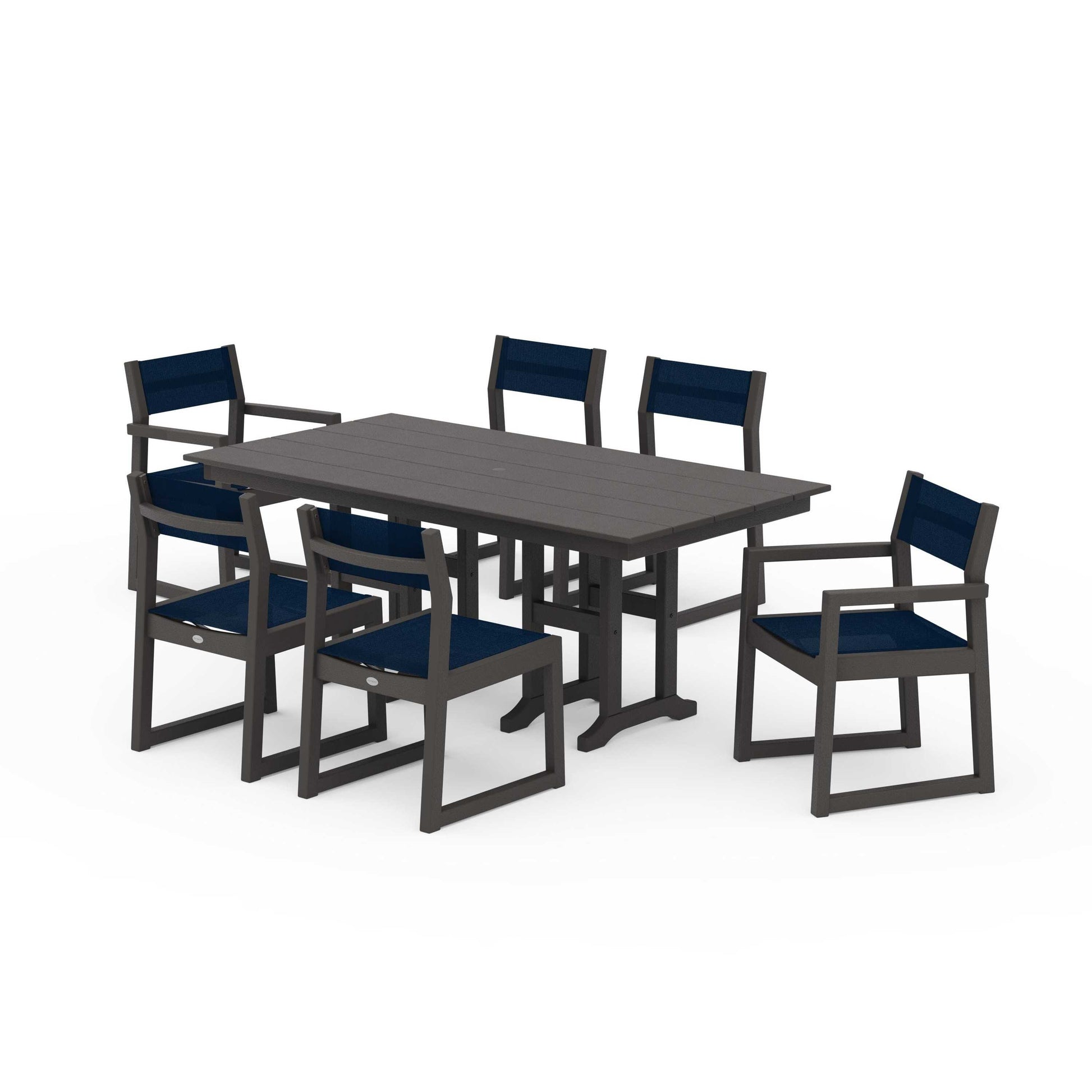 POLYWOOD EDGE Sling 7-Piece Farmhouse Dining Set — Vintage Coffee / Navy Blue Sling