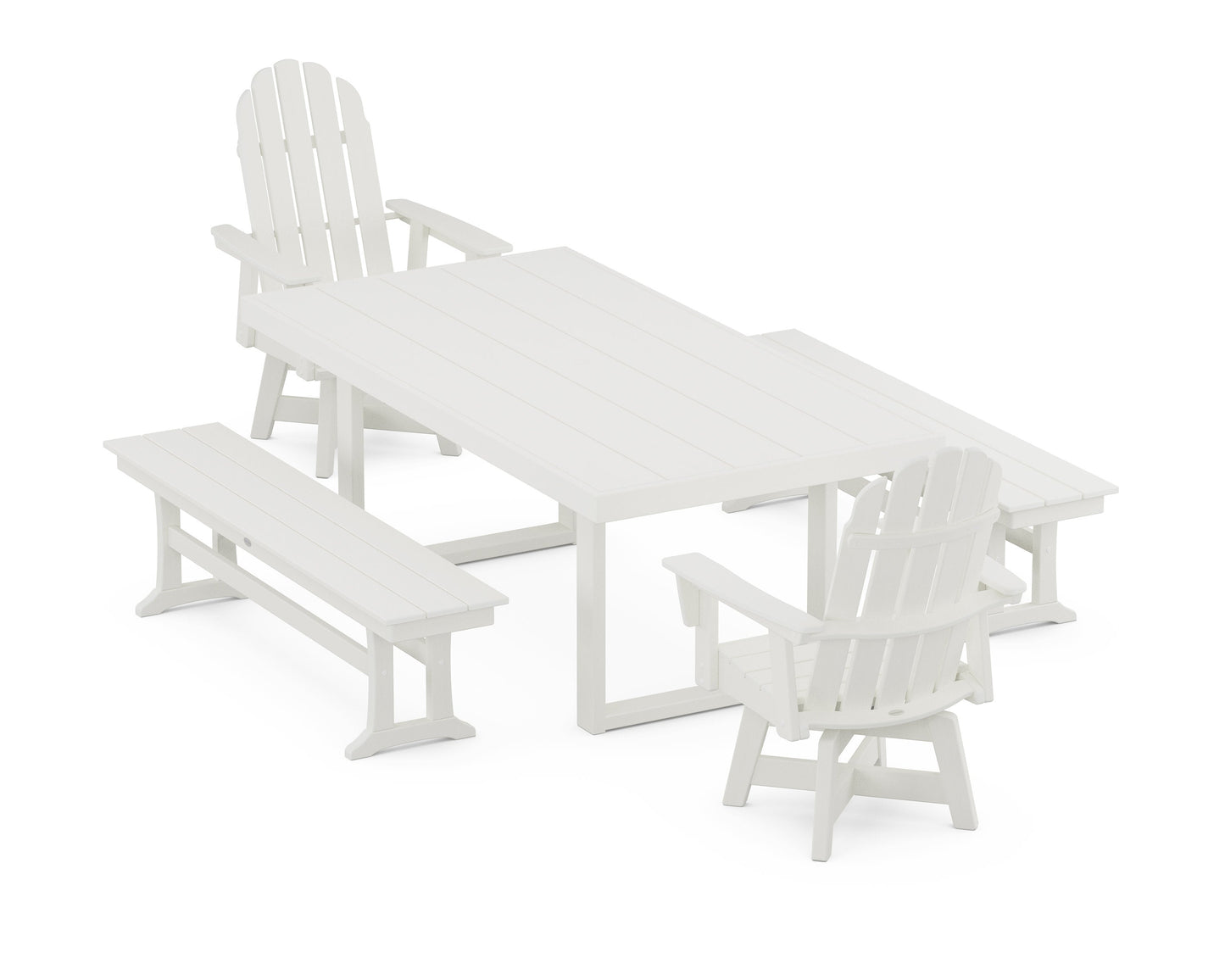 POLYWOOD Vineyard Curveback Adirondack Swivel Chair 5-Piece Dining Set with Benches — Vintage White