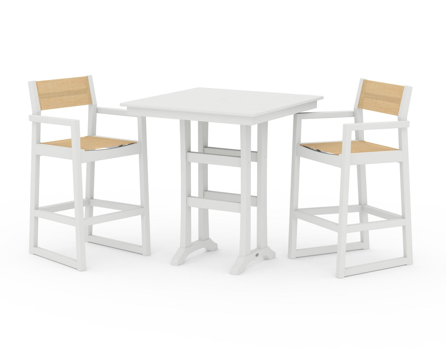 POLYWOOD EDGE Sling Arm Chair 3-Piece Farmhouse Bar Set with Trestle Legs — Vintage White / Dupioni Apricot Sling