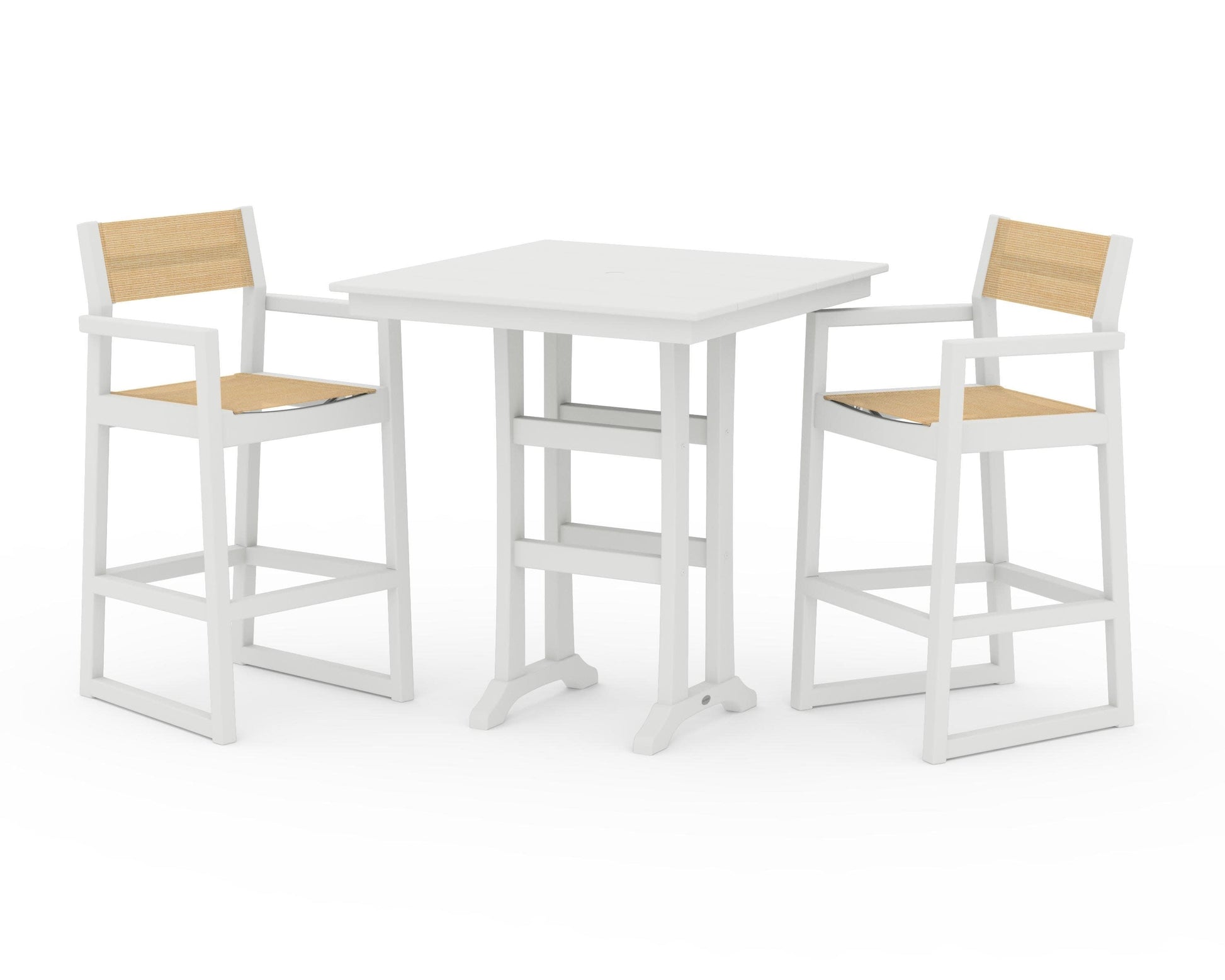 POLYWOOD EDGE Sling Arm Chair 3-Piece Farmhouse Bar Set with Trestle Legs — Vintage White / Dupioni Apricot Sling