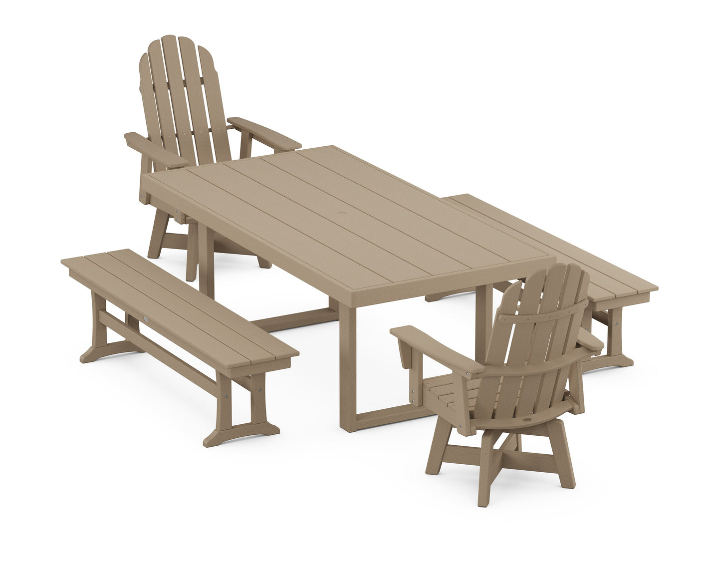 POLYWOOD Vineyard Curveback Adirondack Swivel Chair 5-Piece Dining Set with Benches — Vintage Sahara