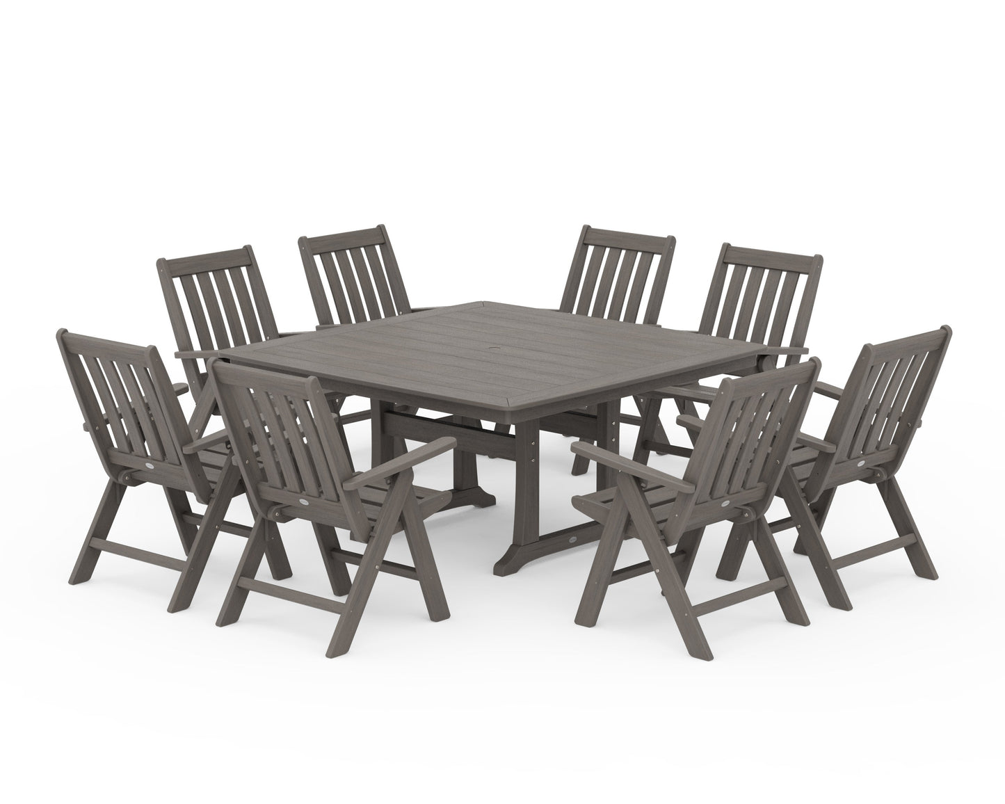 POLYWOOD Vineyard Folding Chair 9-Piece Square Dining Set with Trestle Legs — Driftwood