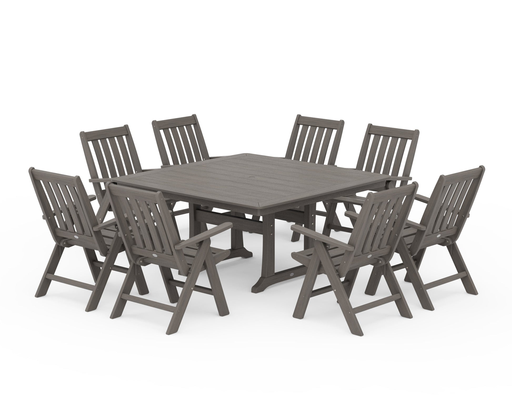 POLYWOOD Vineyard Folding Chair 9-Piece Square Dining Set with Trestle Legs — Driftwood