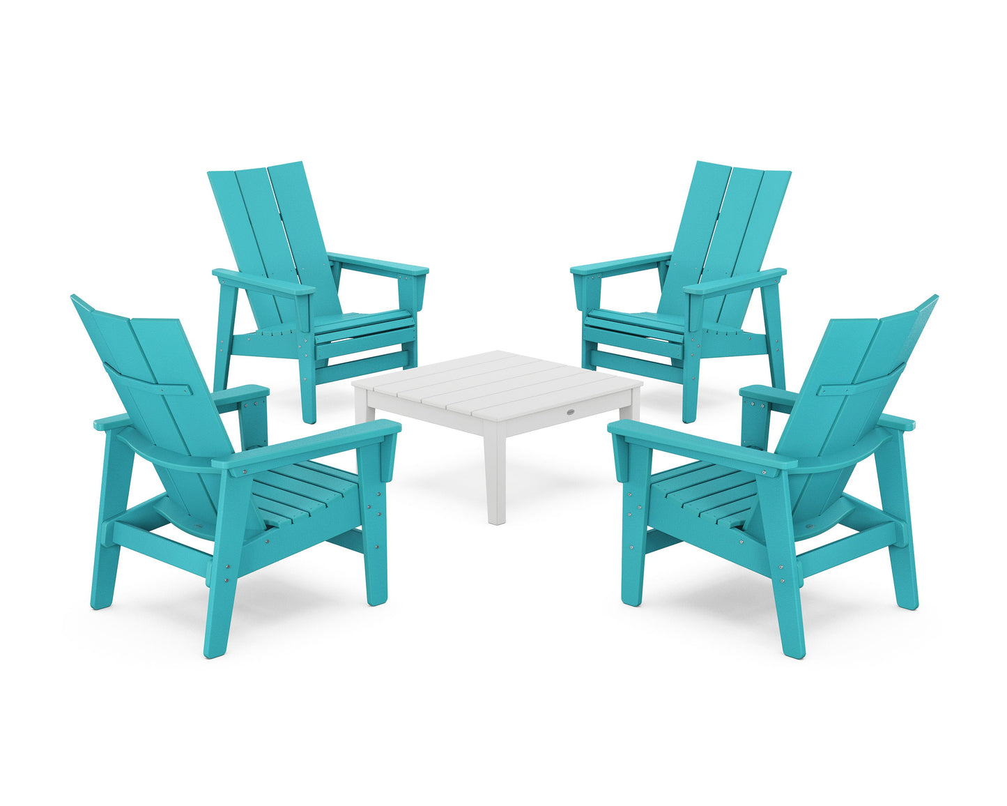 POLYWOOD 5-Piece Modern Grand Upright Adirondack Chair Conversation Group — Aruba / White