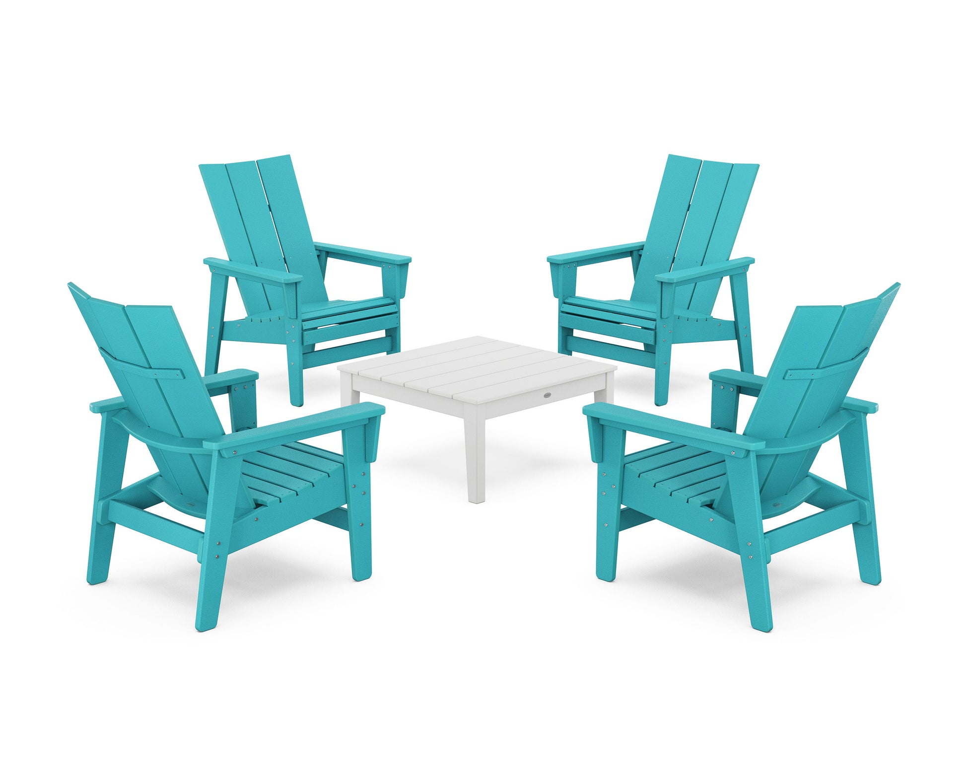 POLYWOOD 5-Piece Modern Grand Upright Adirondack Chair Conversation Group — Aruba / White