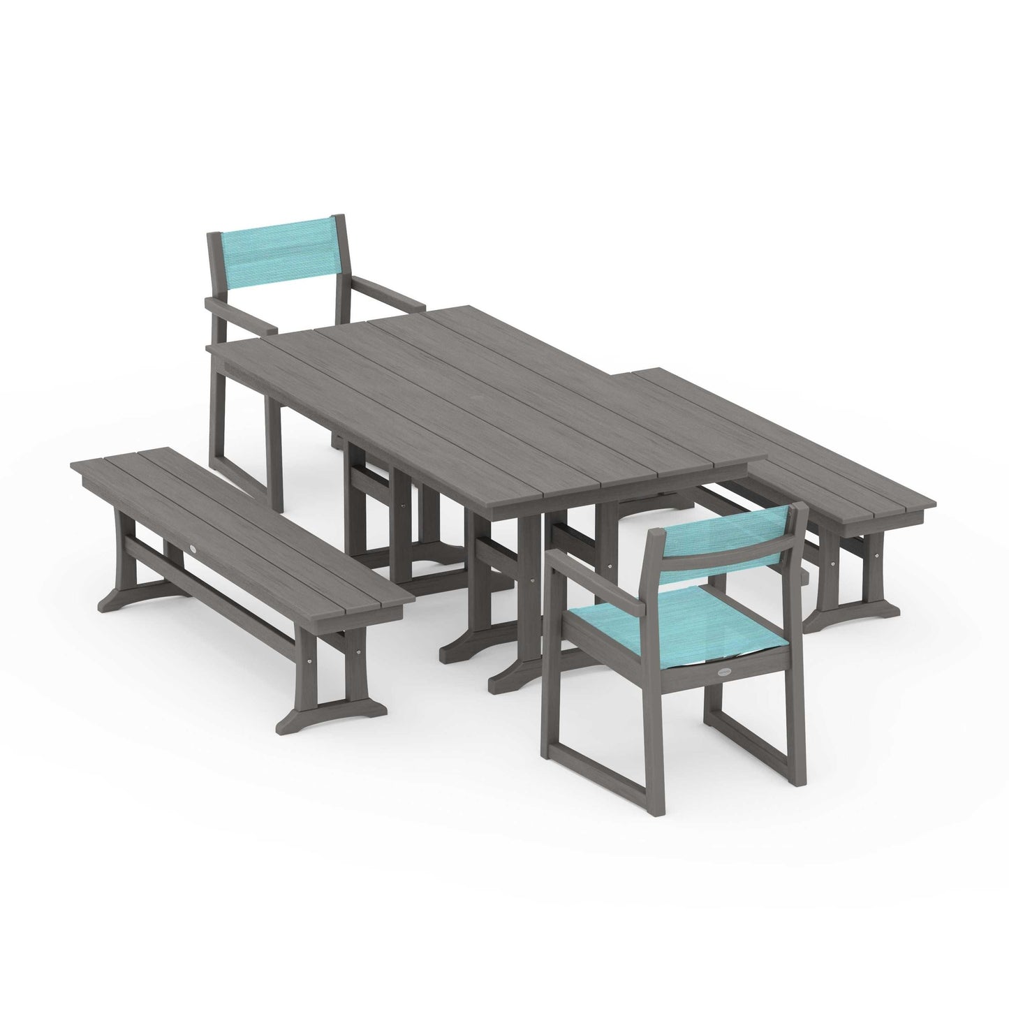 POLYWOOD EDGE Sling Arm Chair 5-Piece Farmhouse Dining Set with Benches — Driftwood / Dupioni Aquamarine Sling