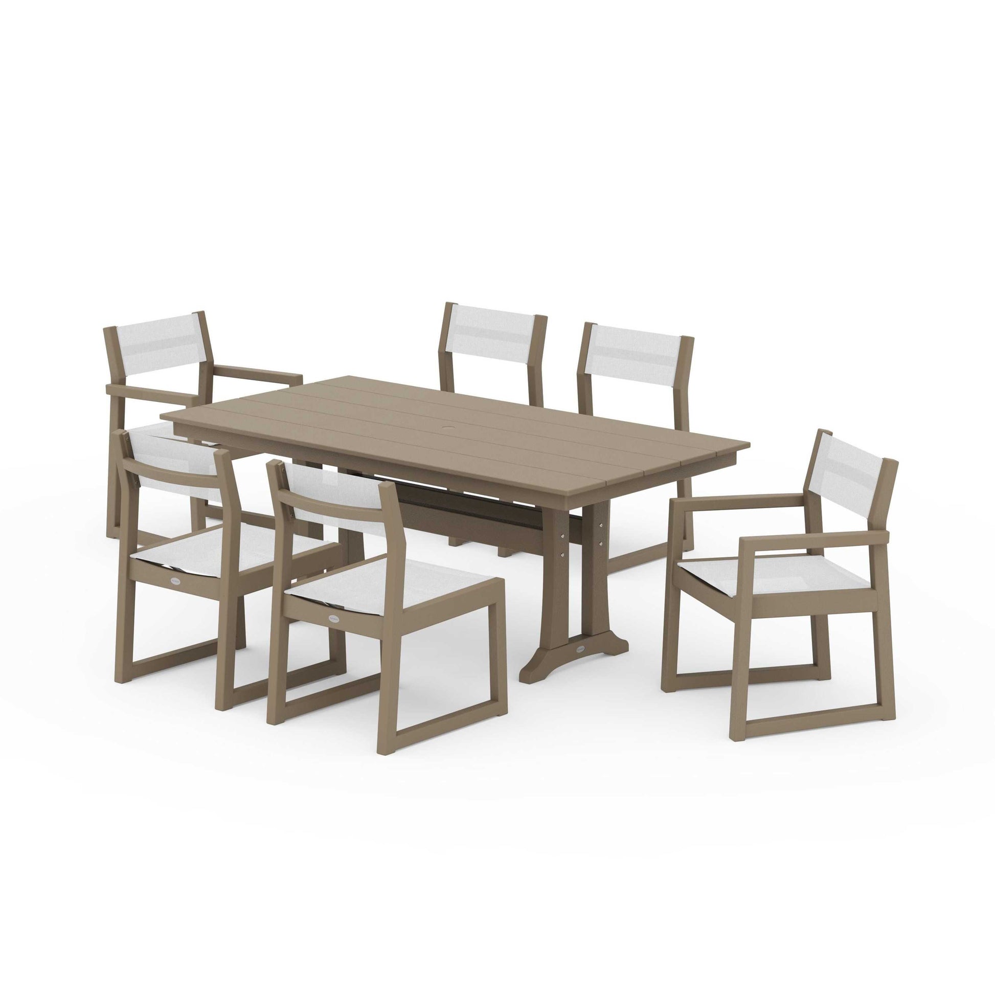 POLYWOOD EDGE Sling 7-Piece Farmhouse Trestle Dining Set — Vintage Sahara / White Sling