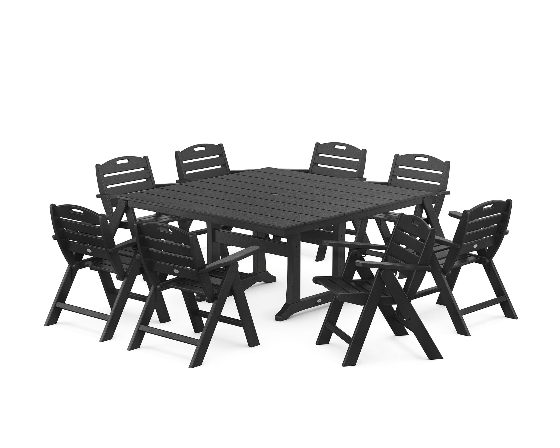 POLYWOOD Nautical Lowback 9-Piece Square Farmhouse Dining Set with Trestle Legs — Black