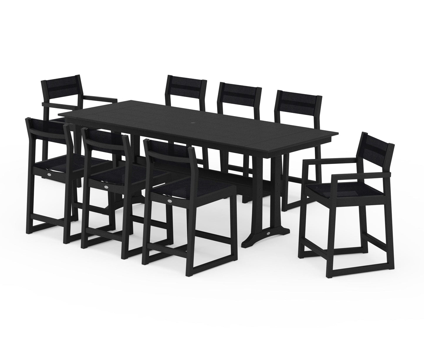 POLYWOOD EDGE Sling 9-Piece Farmhouse Counter Set with Trestle Legs — Black / Black Sling